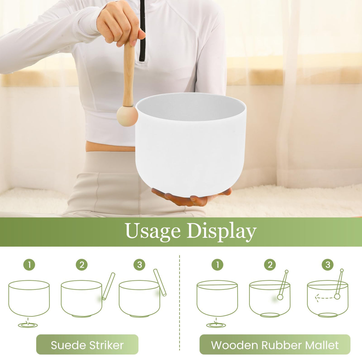 432HZ 8 Inchs D Note White Frosted Crystal Singing Bowl for Meditation Healing Yoga Chakra Quartz Crystal Sound Bowls with Heavy Duty Carry Case and Rubber Mallet (8 inch Sacral Chakra / D Note White)