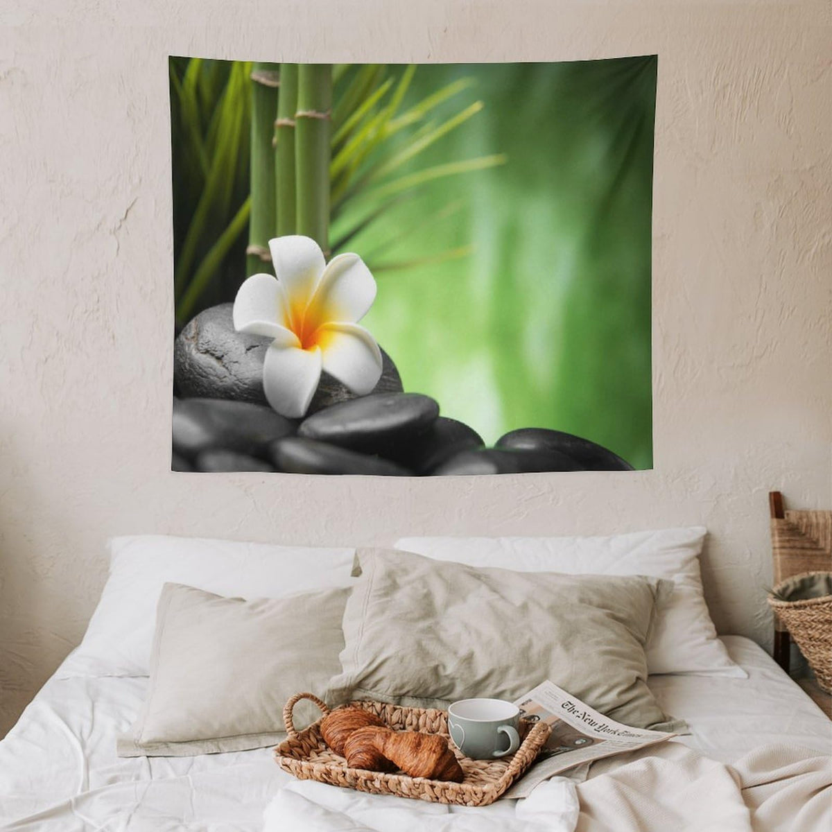 Zen Garden Tapestry Wall Hanging Spa Green Bamboo Stone White Flower Water Landscape Tapestries Home Decor for Living Room Bedroom Farmhouse Kitchen Dorm 50"x60" (50"L x 60"W / Zen-13)