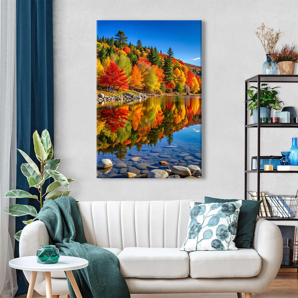 Lake Mountain Canvas Wall Art for Living Room Fall Tree Reflections Pictures Kitchen Wall Decor Nature Colorful Forest Landscape Painting Prints Modern Yosemite Poster Artwork Home Decorations 32x48" (32"L x 48"W / Fall08)