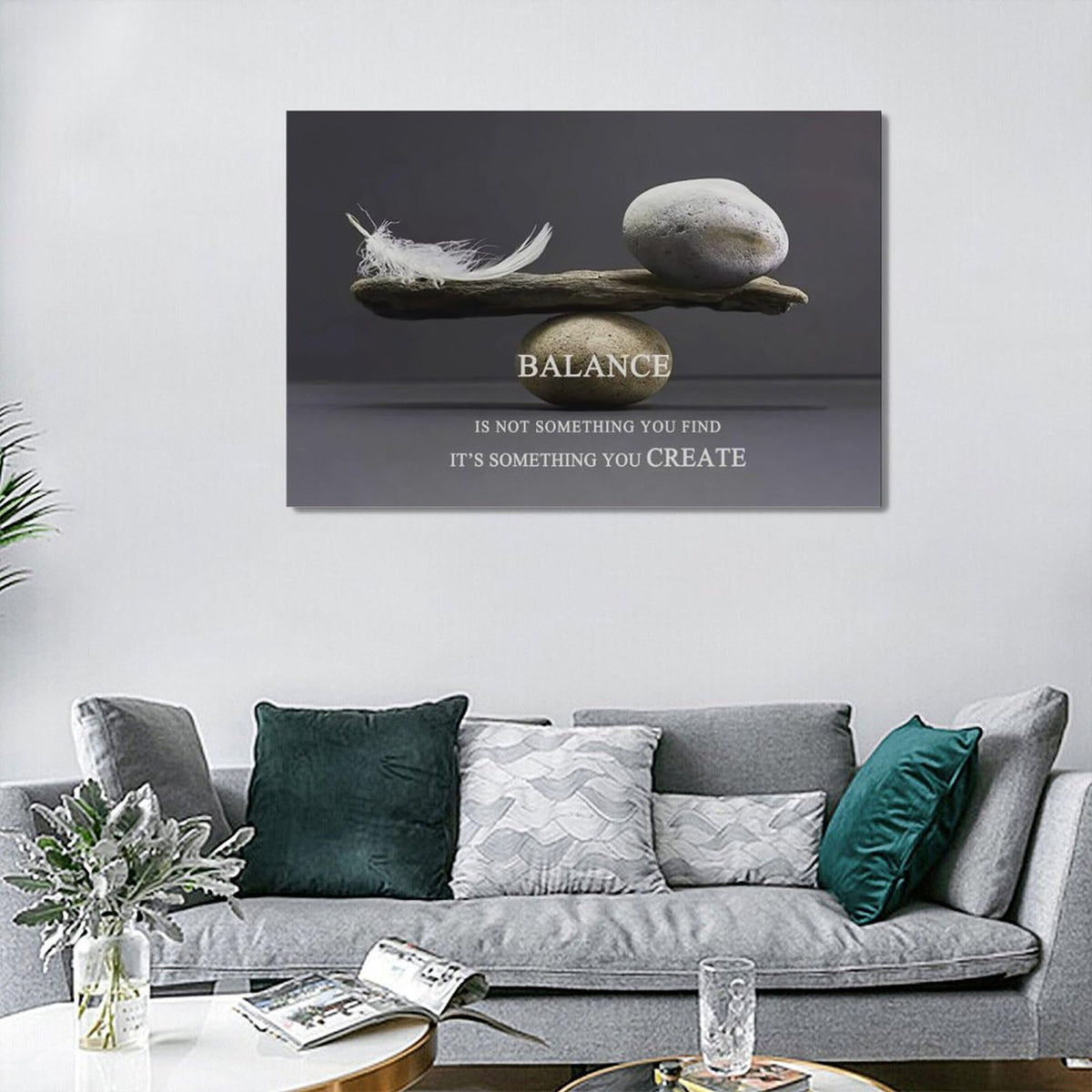 Zen Stone Wall Art Meditation Spiritual Wall Decor Inspirational Balance Feather Pictures Canvas Prints Framed Home Decorations Painting Artwork for Living Room Bedroom Office Bathroom 24"x16" (24"L x 16"W / Inspirational Quotes-Balance)