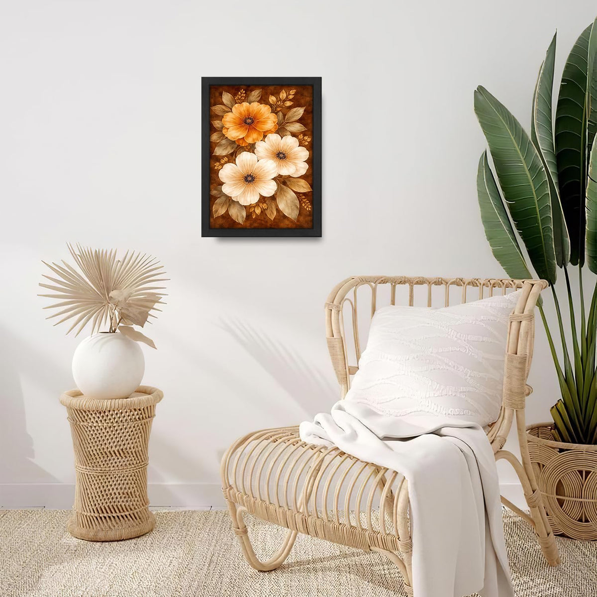 Boho Floral Wall Art Mid Century Modern Flower Canvas Wall Decor Bohemian Pictures Paintings Prints Artwork Framed Decorations For Bathroom Bedroom Living Room Office Gifts 12" x 16" (Flower / 16"L x 12"W)