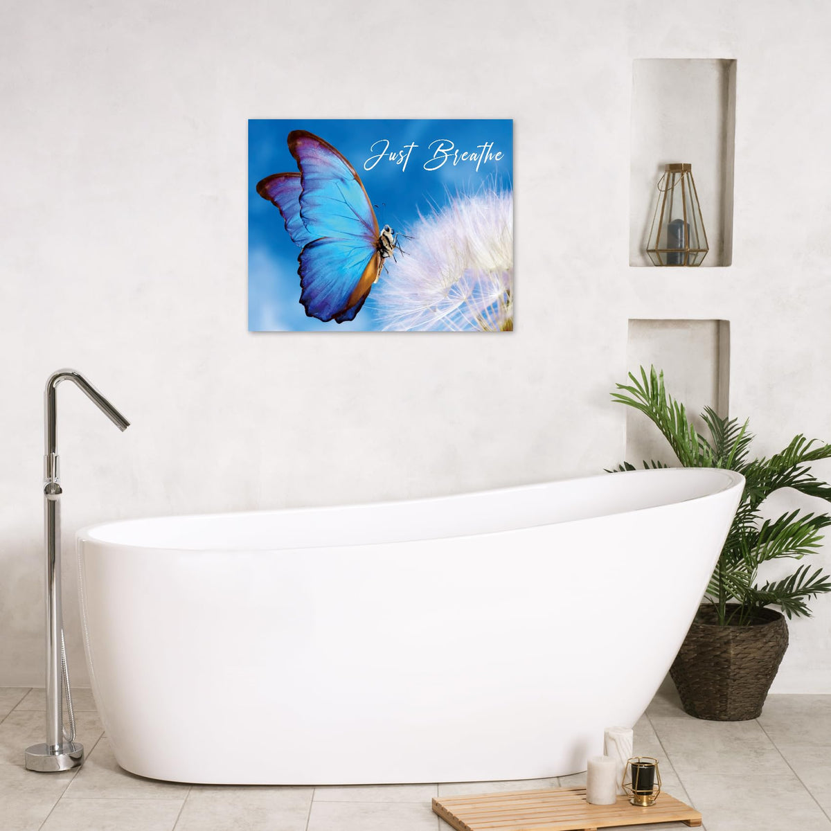 Blue Butterfly Dandelion Wall Art Fantasy Butterfly Floral Canvas Wall Art for Bathroom Just Breathe Zen Spa Yoga Wall Decor for Bedroom Living Room Home Office Ready to Hang 16L x 20W Inch (Blue / 16"L x 20"W)