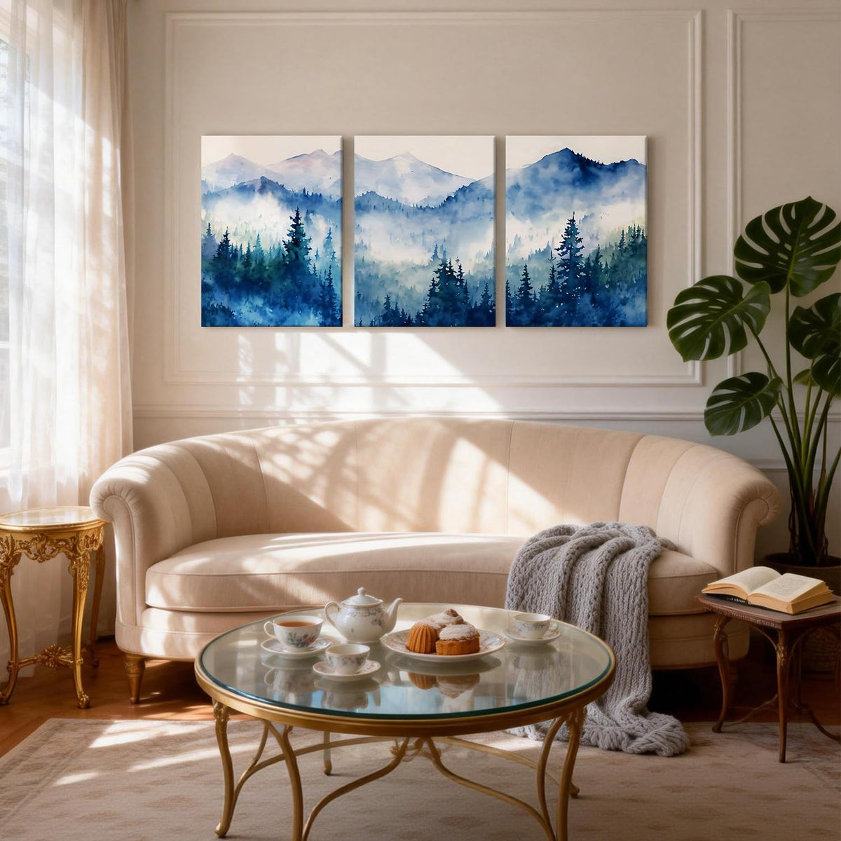 3 Pcs Watercolor Natural Misty Mountain Forest Canvas Wall Art (Watercolor Landscape Wall Art / 24"L x 16"W)