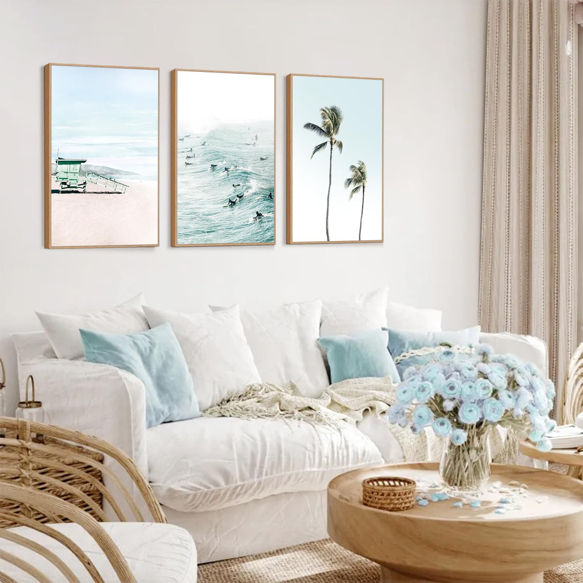 Coastal Beach Framed Wall Art Tropical Palm Tree Ocean Surfing Decor (Ocean / 16"L x 24"W)