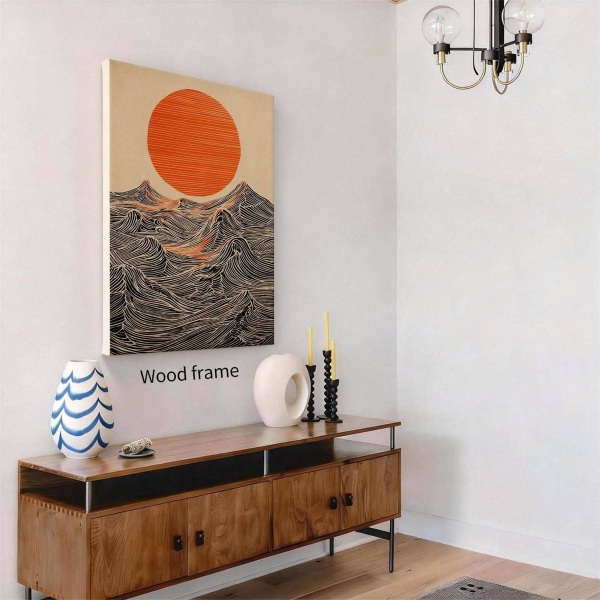 Abstract Japanese Style Artwork Ready to hang 12x16in Wrapped Framed Sun and Waves Wall Art Modern Minimalist Ocean Poster Asian Home Decor Print Painting for Japanese Living Room Bedroom Office (Wrapped Canvas / Japanese Painting / 16"L x 12"W)