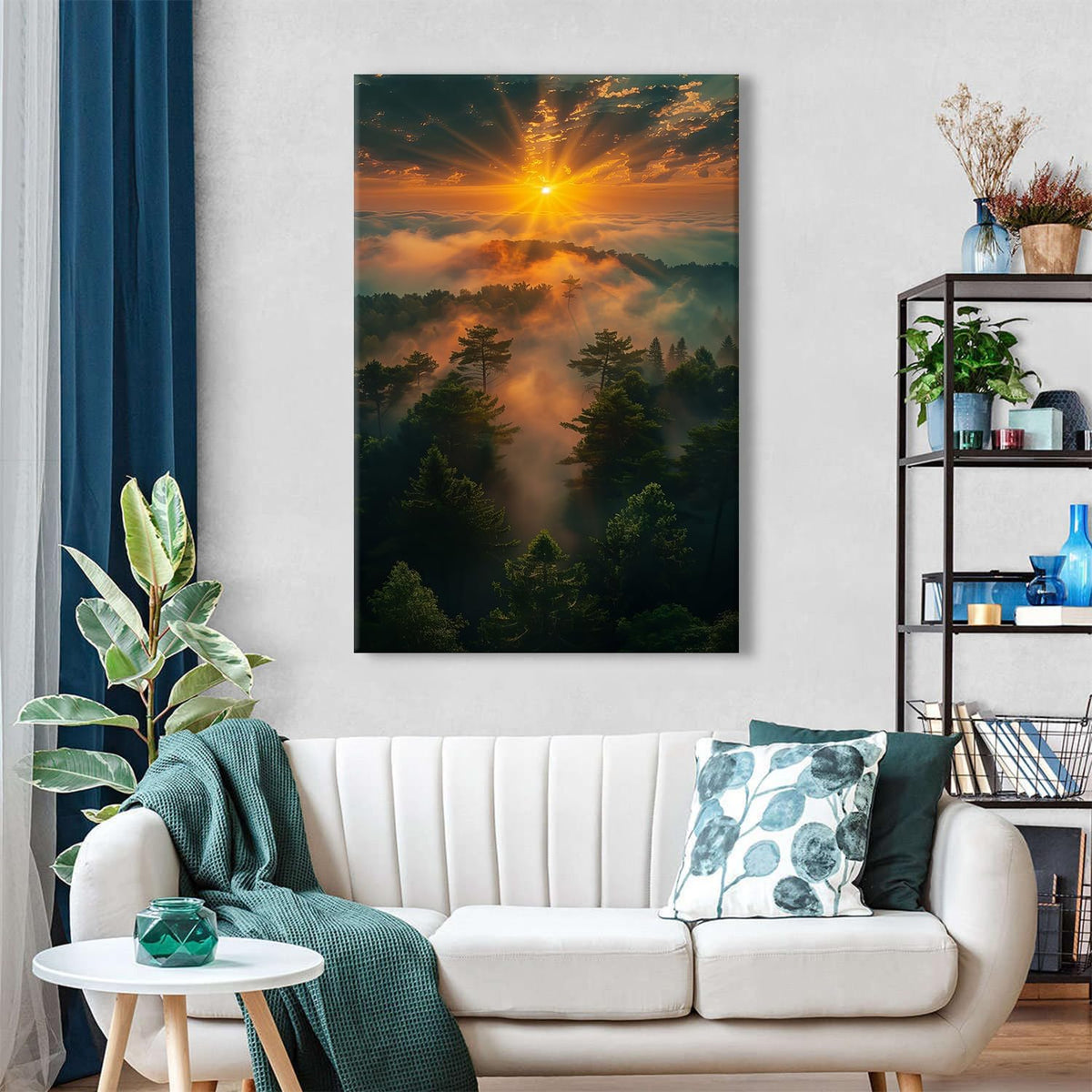 Nature Sunset Landscape Canvas Wall Art for Bedroom Misty Forest Mountain Wall Decor Vintage Fall Pictures for Kitchen Decorations 32x48" (32"L x 48"W / Fall06)