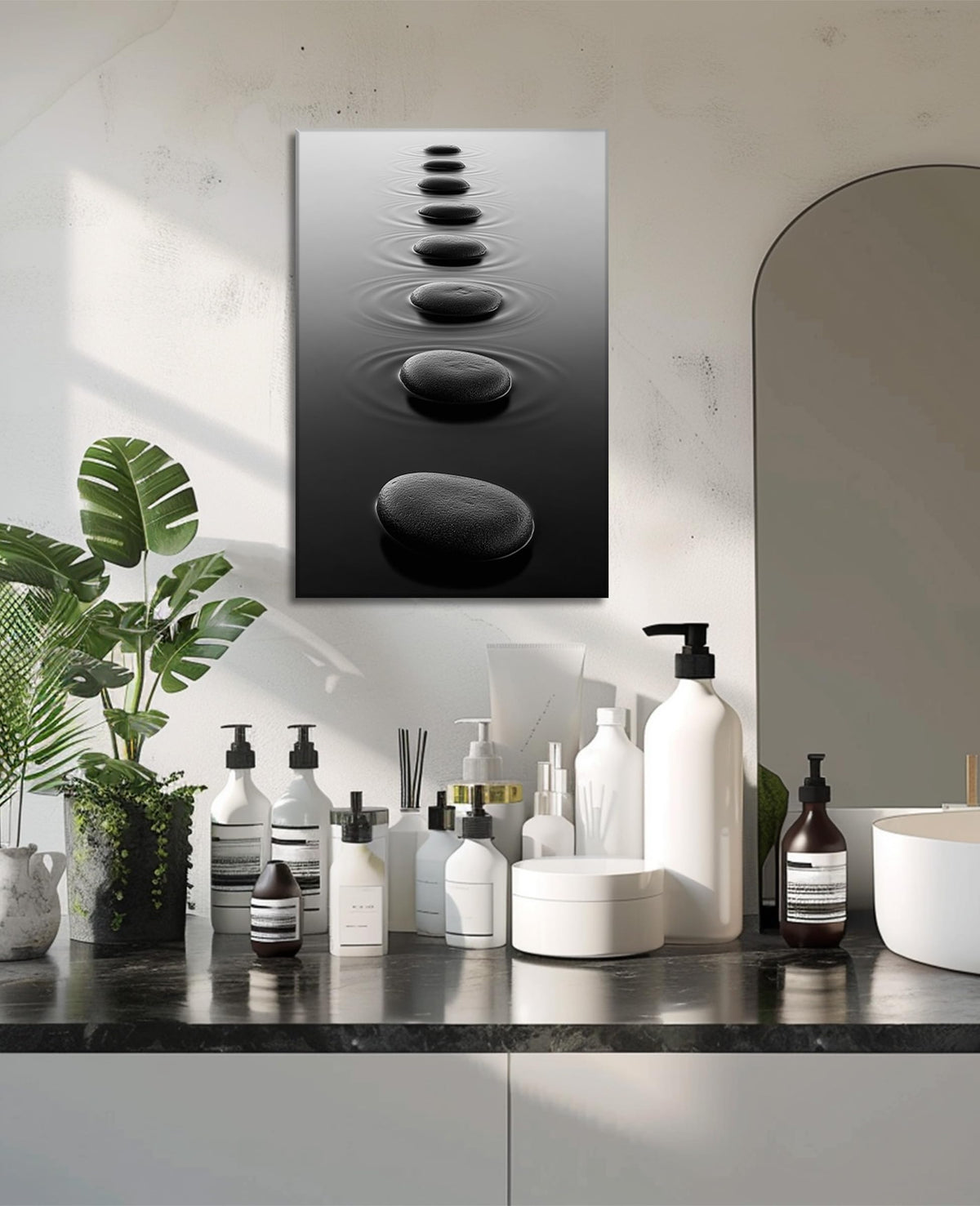 Zen Wall Art Bathroom Decor Black and White Canvas Prints Spa Stones on Water Picture Peaceful Scenery Artwork for Home Decor Frmaed (Zen-3 / 36"L x 24"W)