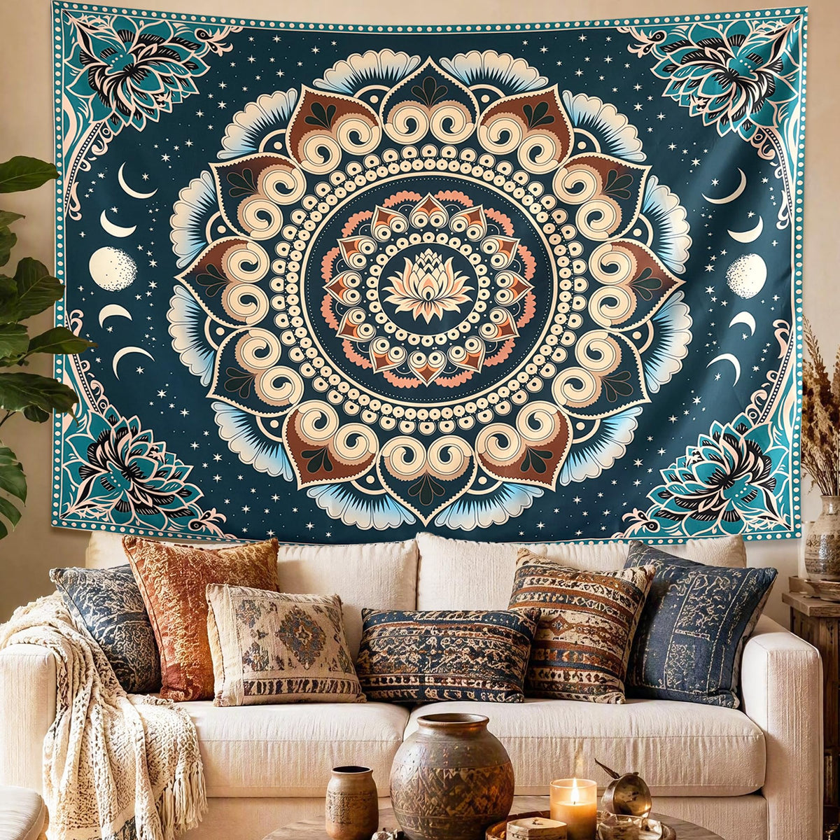 Blue Boho Lotus Mandala Tapestry Wall Hanging for Bedroom 60 x 44 Inch (Blue / 60"L x 44"W)