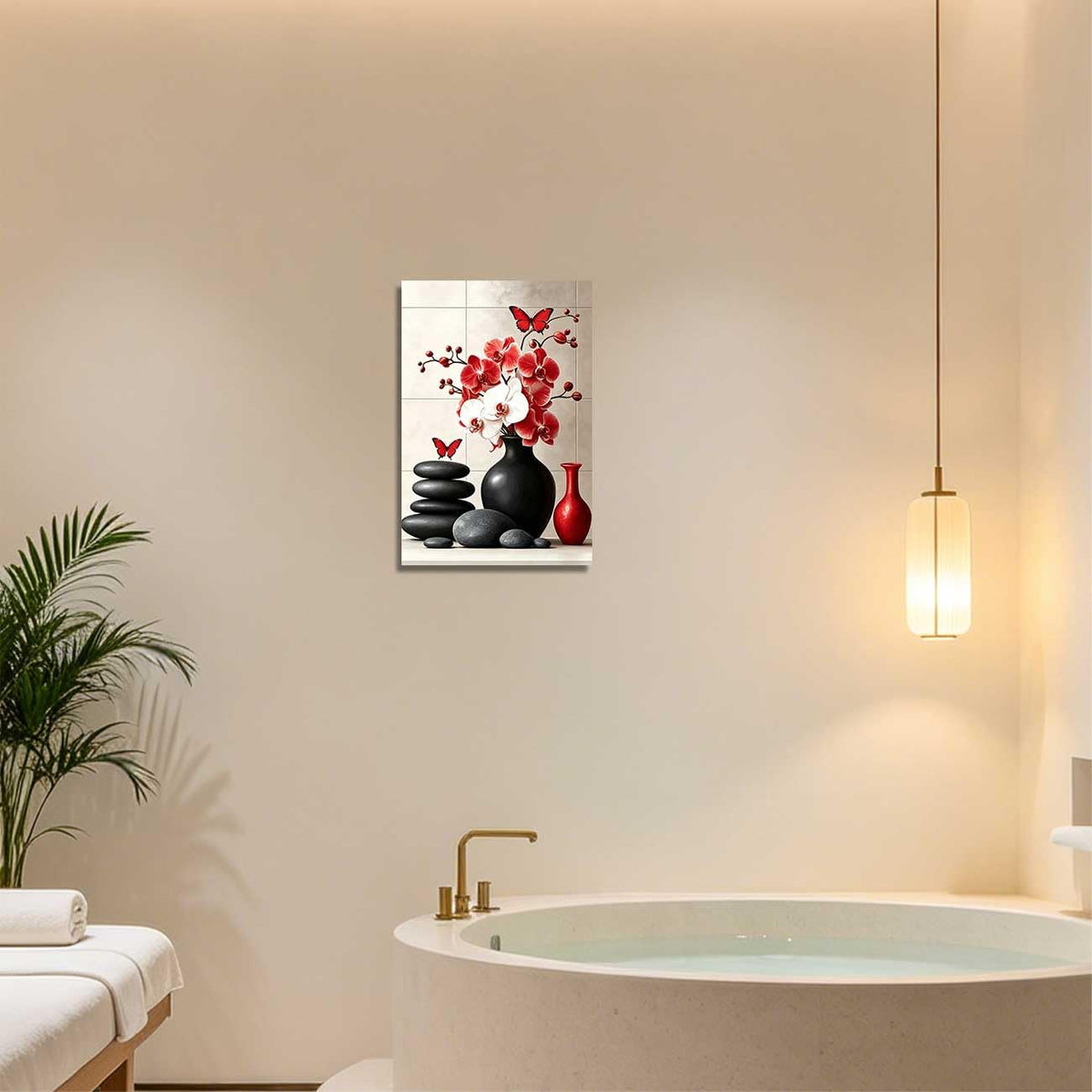 Orchid Flower Canvas Wall Art Zen Bathroom Pictures Prints Spa Stone Butterfly Wall Decor Black White Yoga Meditation Paintings for Living Room Bedroom (Red / 24"L x 16"W)