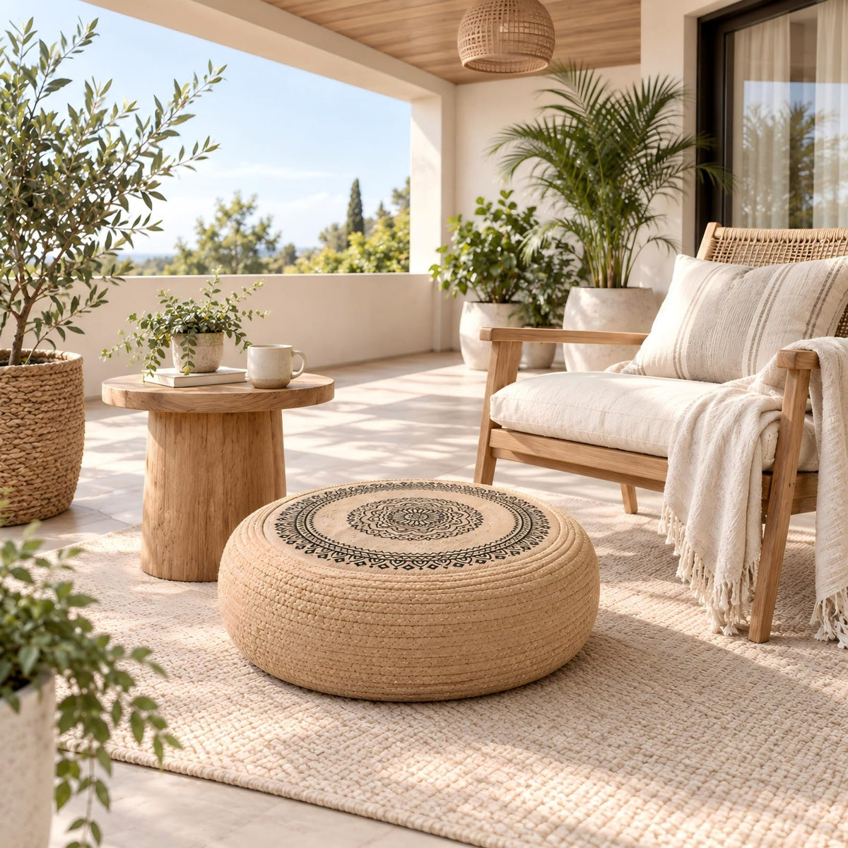 Handwoven Jute Pouf Ottoman (Yellow Brown Black / 23.6"D x 23.6"W x 7.9"H)