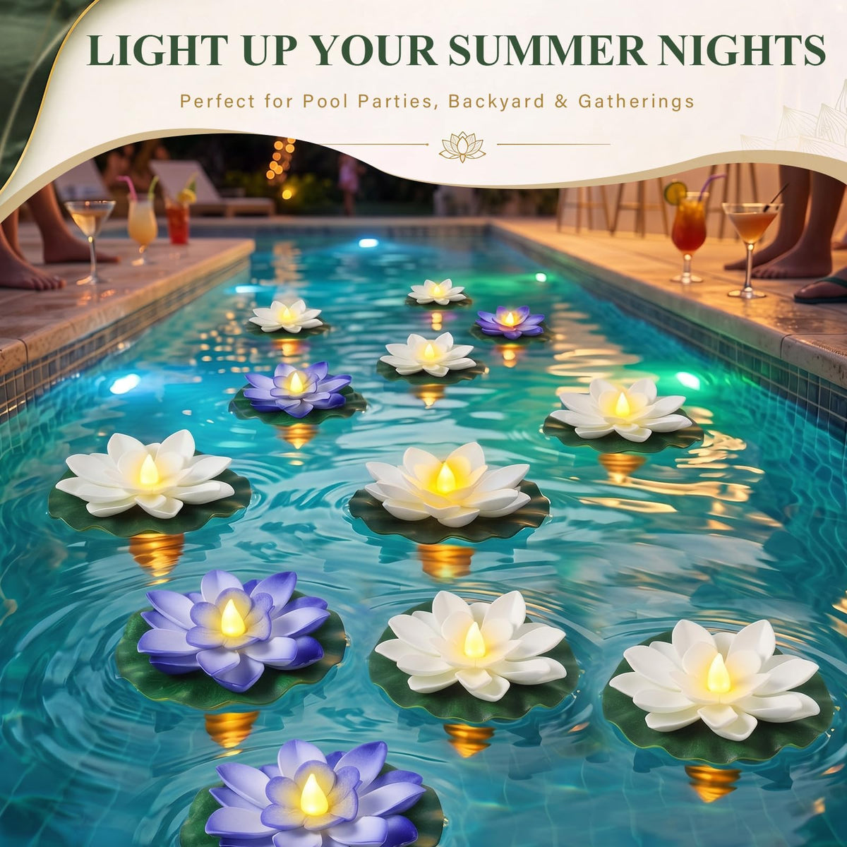 18 Pcs Diwali Floating Lotus Lights (White,Blue / 3.94 Inch)
