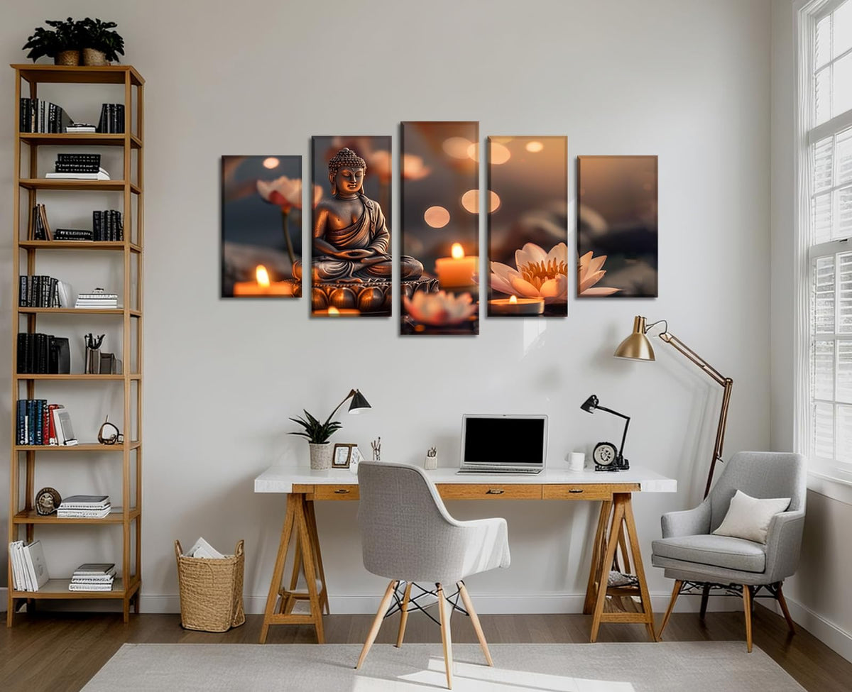 Buddha Wall Art for Living Room Large 5 Piece Zen Picture Candle & Lotus Canvas Prints Meditative Artwork for Spiritual Yoga Room Home Decor Framed Ready to Hang (50x24 inch / Picture-9)
