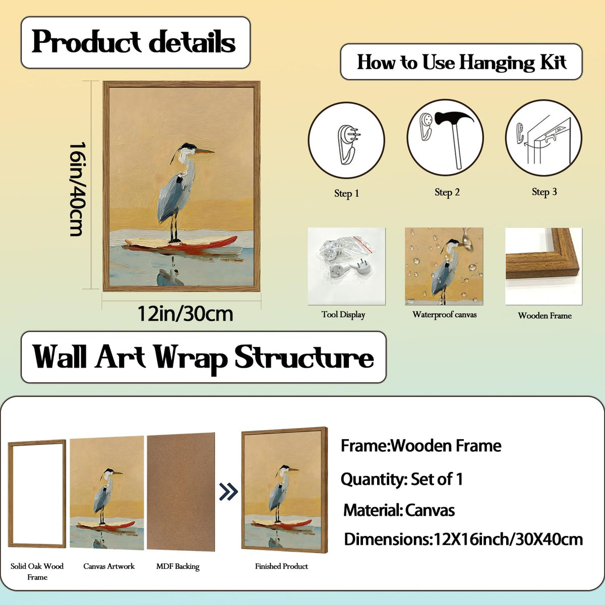 Blue Heron Wall Art Vintage Coastal Bird Wall Decor Picture Beach Wildlife Animal Poster Canvas Painting Print for Bathroom Living Room Bedroom 12x16 Inch Wood Framed (Animal-D / 16"L x 12"W)