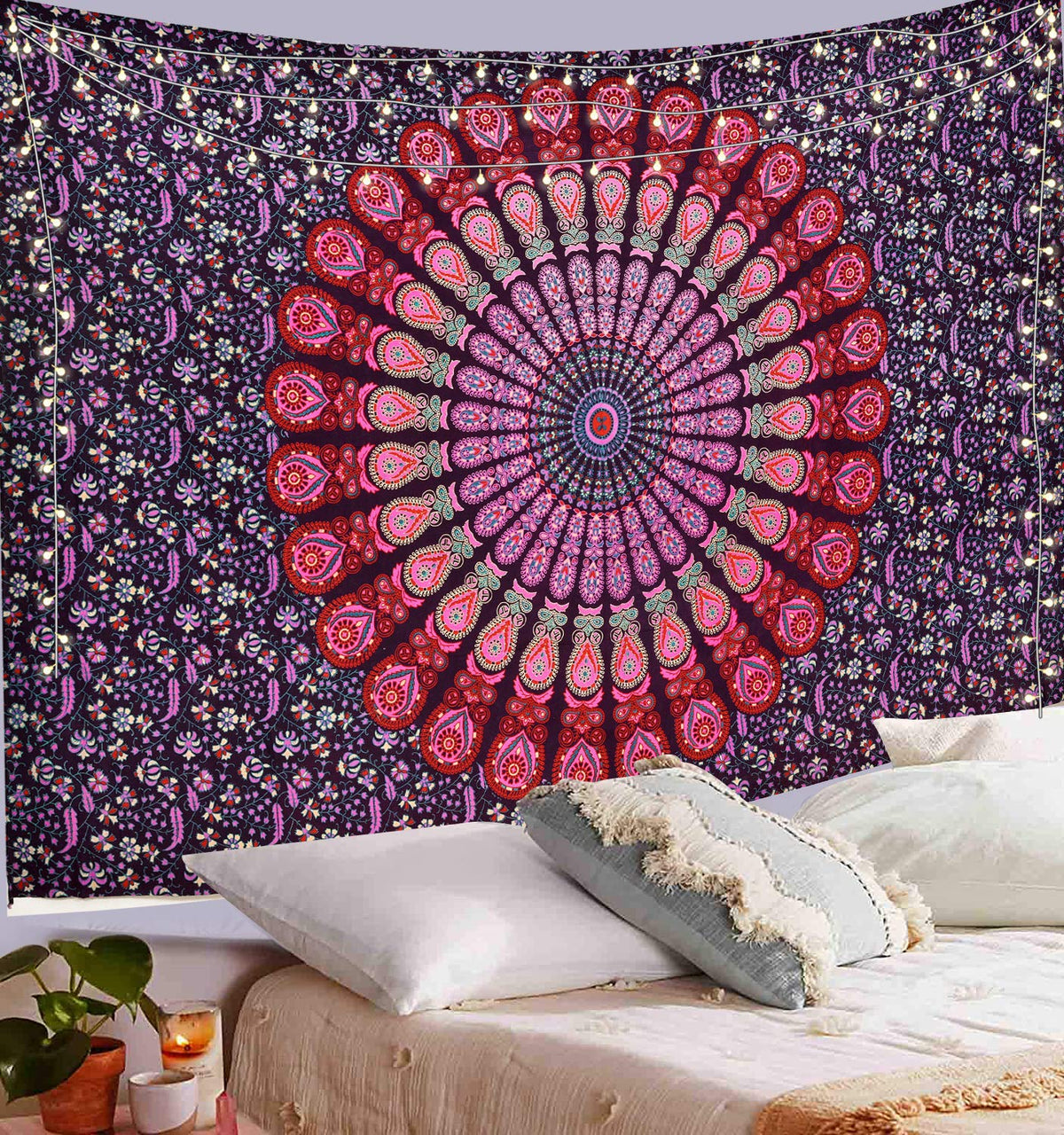 Indian hippie Bohemian Psychedelic Mandala Wall Hanging Peacock Tapestry (Pink Purple / 40"L x 30"W)