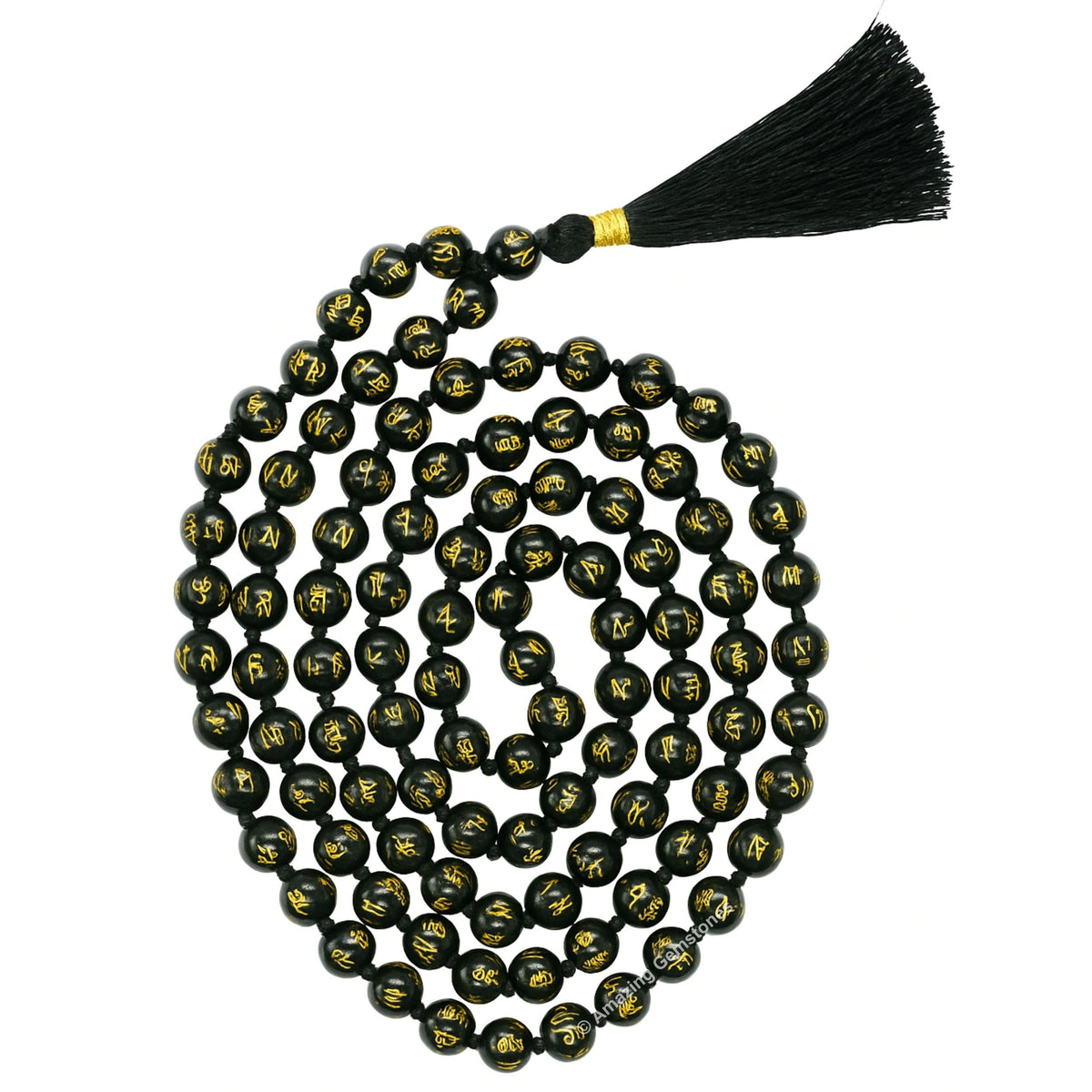 Black Agate Om Mani Padme Hum Mala Beads (Om Mani Padme Hum (Black Agate) / Knotted)