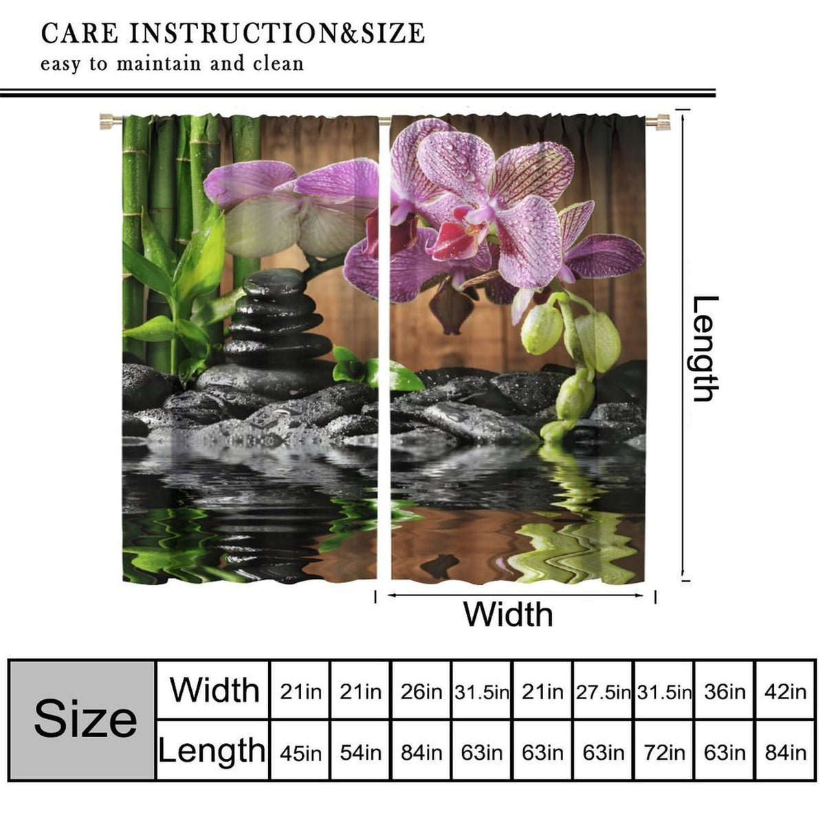 Zen Garden Blackout Curtains for Kitchen Spa Green Bamboo Black Stone White Flower Window Treatments Print for Boys Girls Bedroom Living Room Bathroom 42x63in (21"W x 63"L (Pack of 2) / Zen-16)