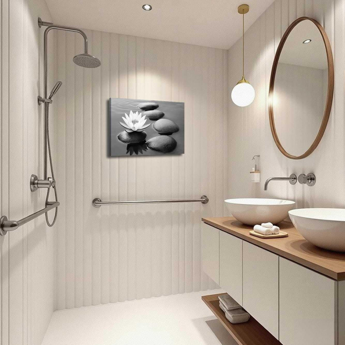 Zen Pictures for Bathroom Black White and Gray Bathroom Wall Art Zen Stone and Lotus Flower Canvas Prints Water Artwork for Spa Room Decor Frame (16L" x 24W")