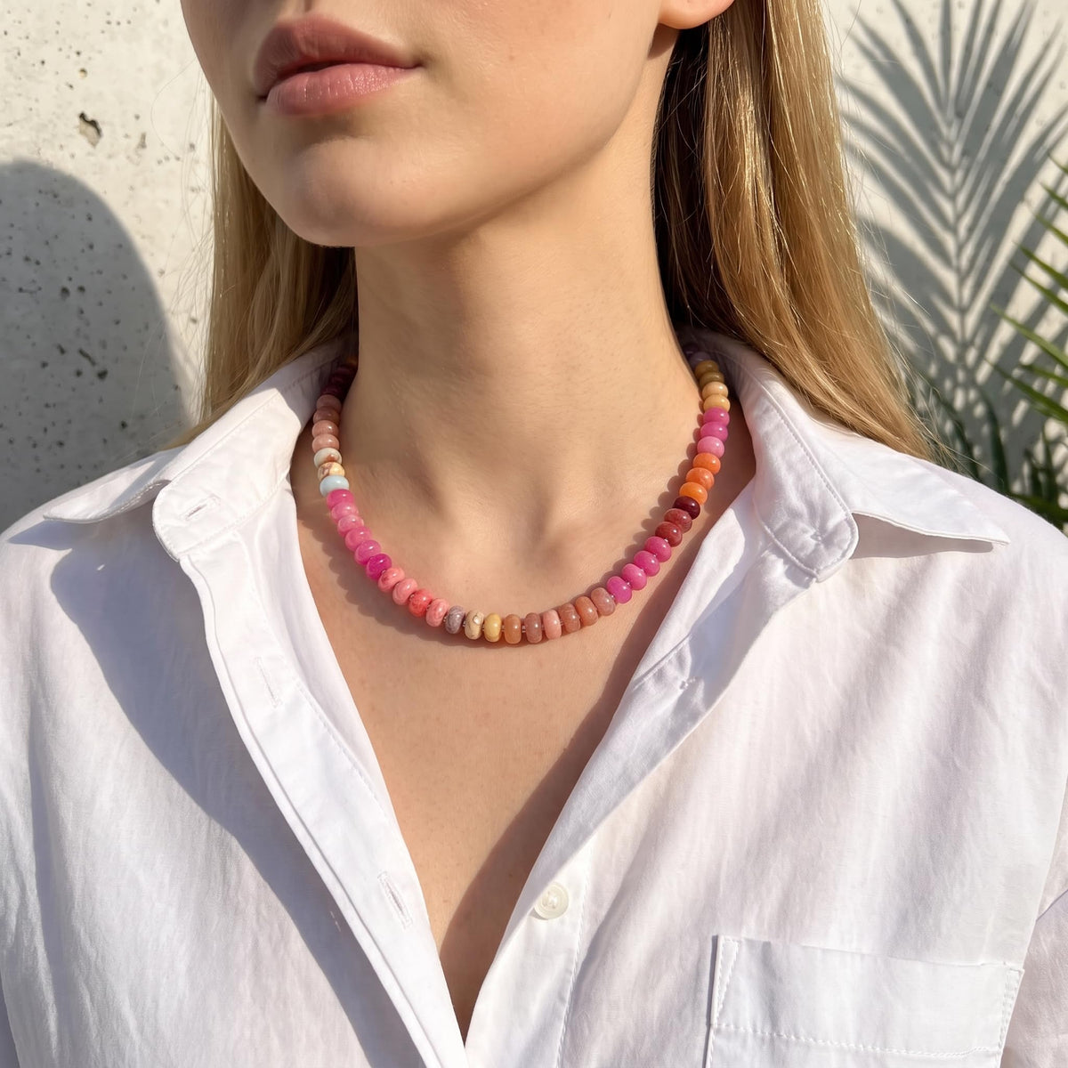 Hot Pink Natural Stone Beaded Choker Necklace for Women (Hot pink-Series)