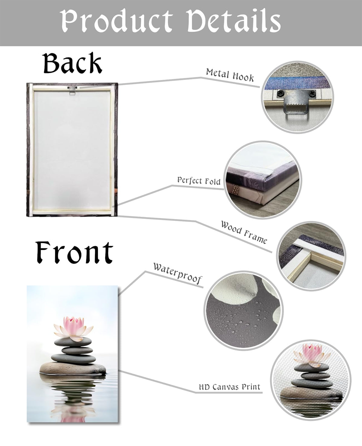 Lotus Wall Art Zen Canvas Print Wall Decor Spa Stones on Wahter Picture Meditation Painting Relax Artwork for Bathroom Living Room Modern Home Decor Frame (42"L x 28"W / Art-1)