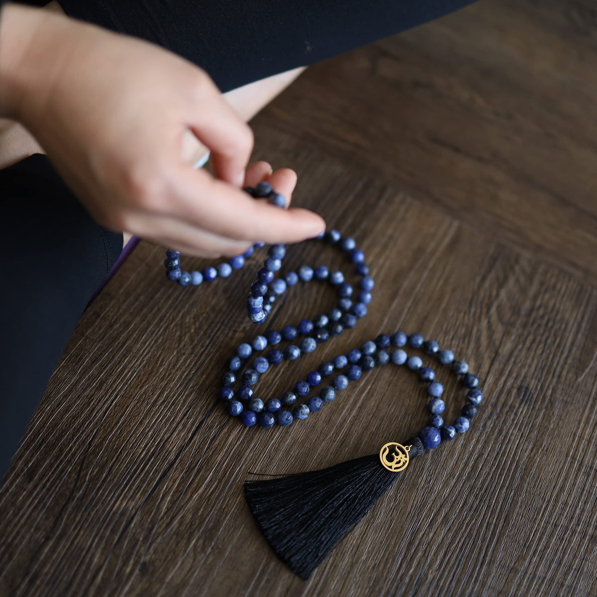OM Charm Hand Knotted Tassel Sodalite Stone 108 Mala Beads Necklace 8mm (8mm / Faceted Sodalite)
