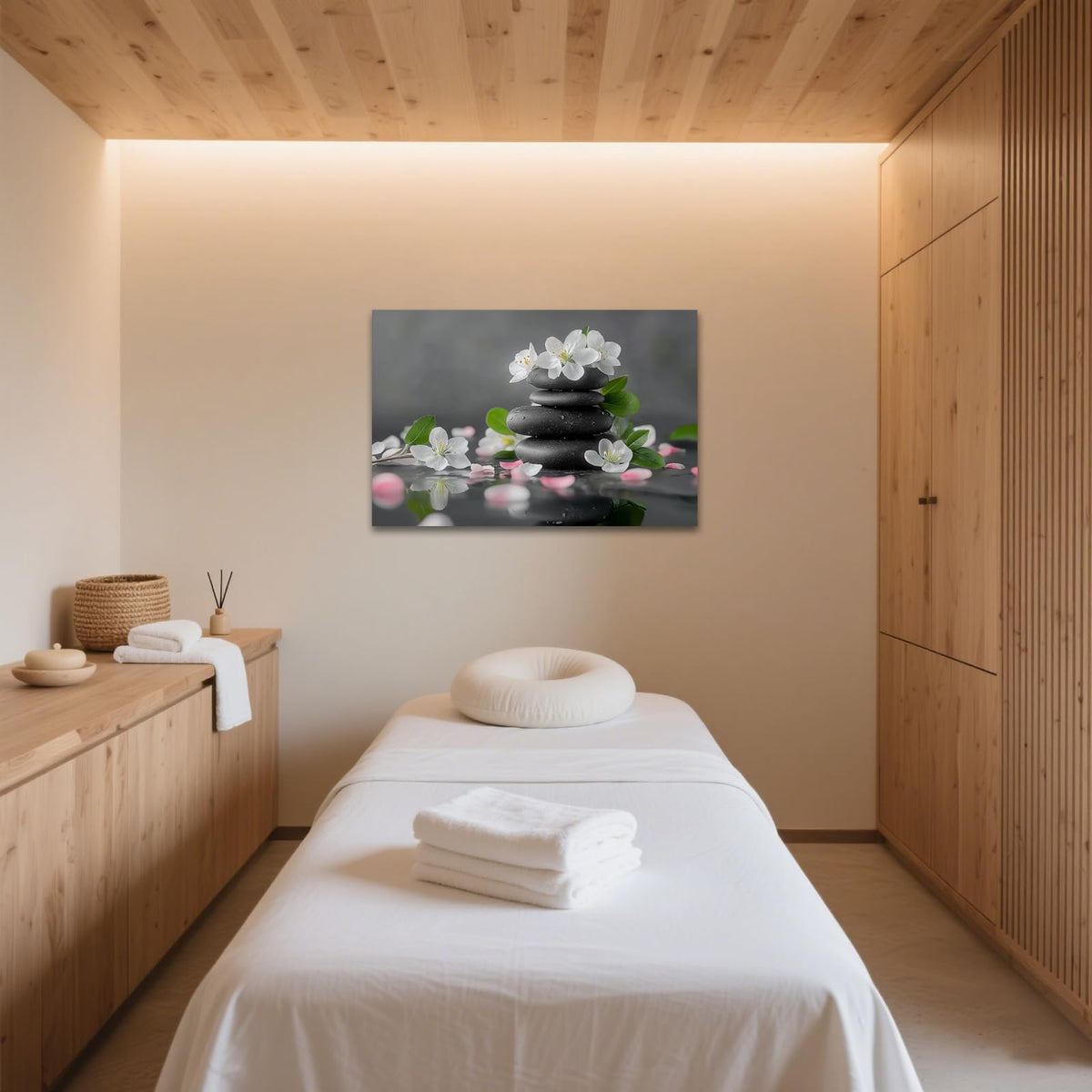 Zen Garden Canvas Wall Art Black Stone White Flowers Painting Framed Artwork Poster for Yoga Meditation Room Spa Bathroom Decor (WE000050-7 / 36"L x 24"W)