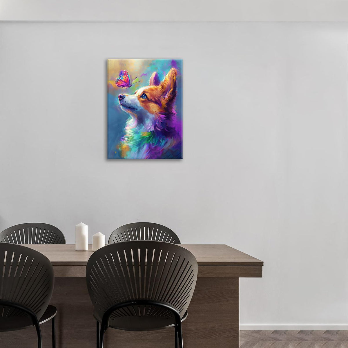 Colorful Corgi Canvas Wall Art Butterfly Painting Framed ArtWork 16"x20" (Colorful Corgi / 20"L x 16"W)