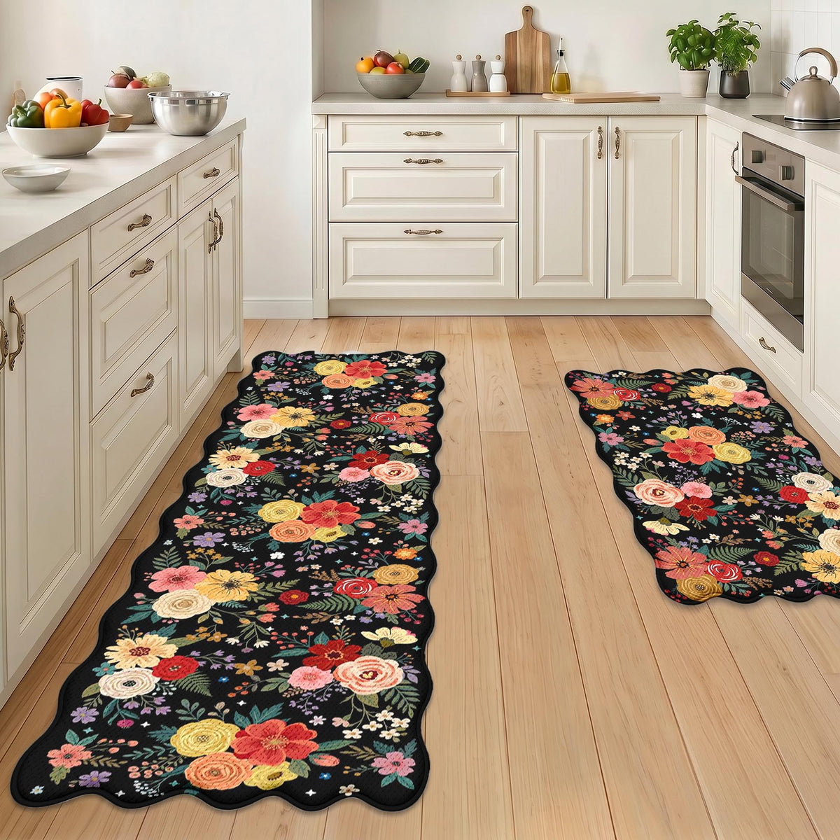 Anti Fatigue Kitchen Mats Set of 2 (Dark Floral / 17.3''x29.9''+17.3''x47'')