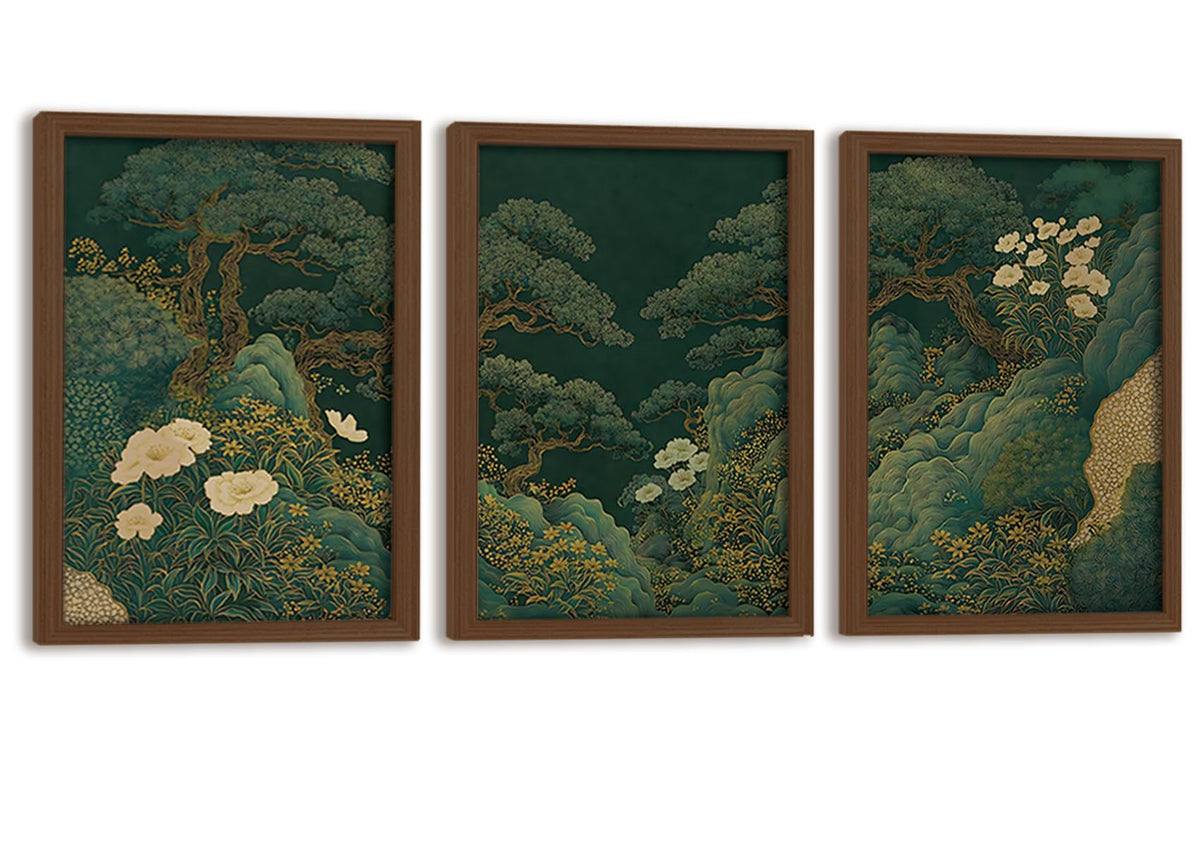 Framed 3Pcs Green Pine Trees Canvas Wall Art Japanese Nature Decor (green forest / 16"L x 12"W)