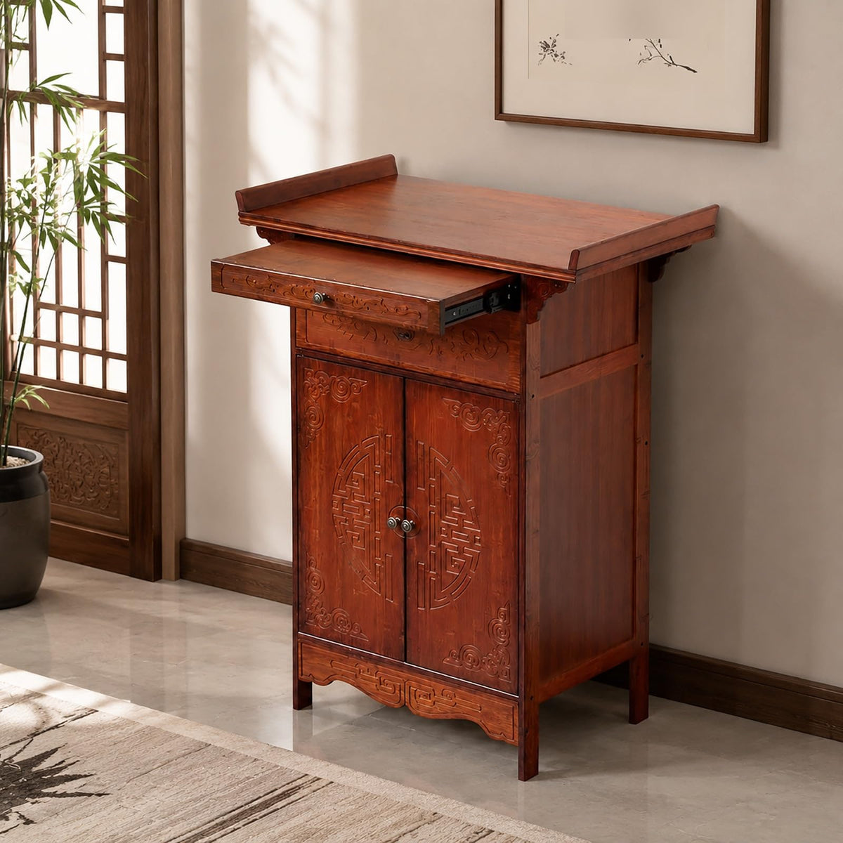 Wooden Meditation Shrine Desk with Storage Cabinet and Drawer (Red / L39.4in/100cm)