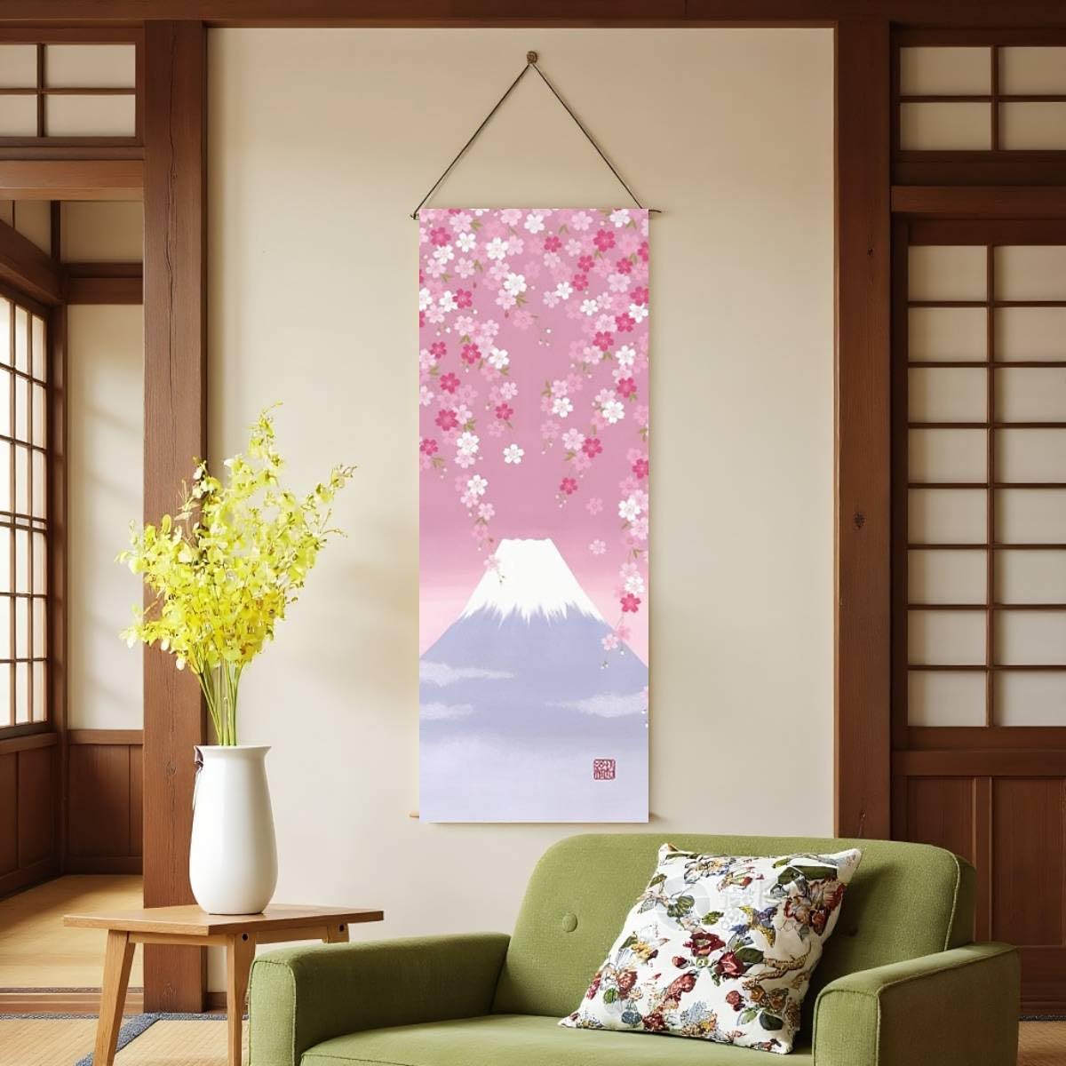 Pink Cherry blossom and Mount Fuji Japanese Scroll Wall Art (Pink Cherry blossom and Mount Fuji)