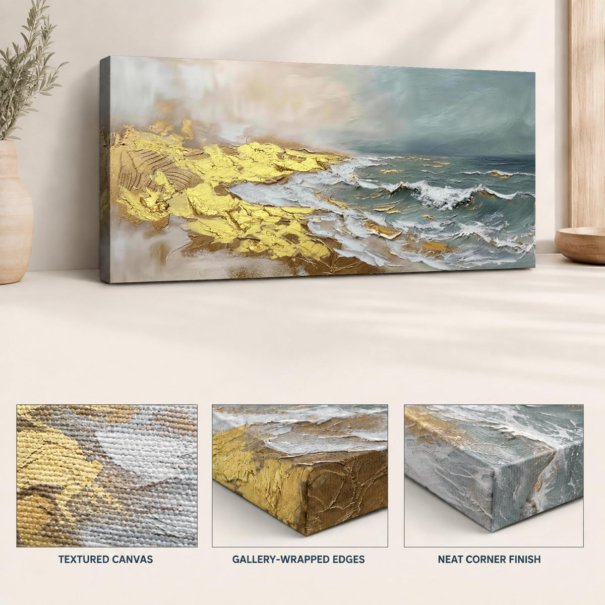 Abstract Blue & Gold Ocean Canvas Wall Art for Living Room 40"x20" (Gold Beach / 40"L x 20"W)