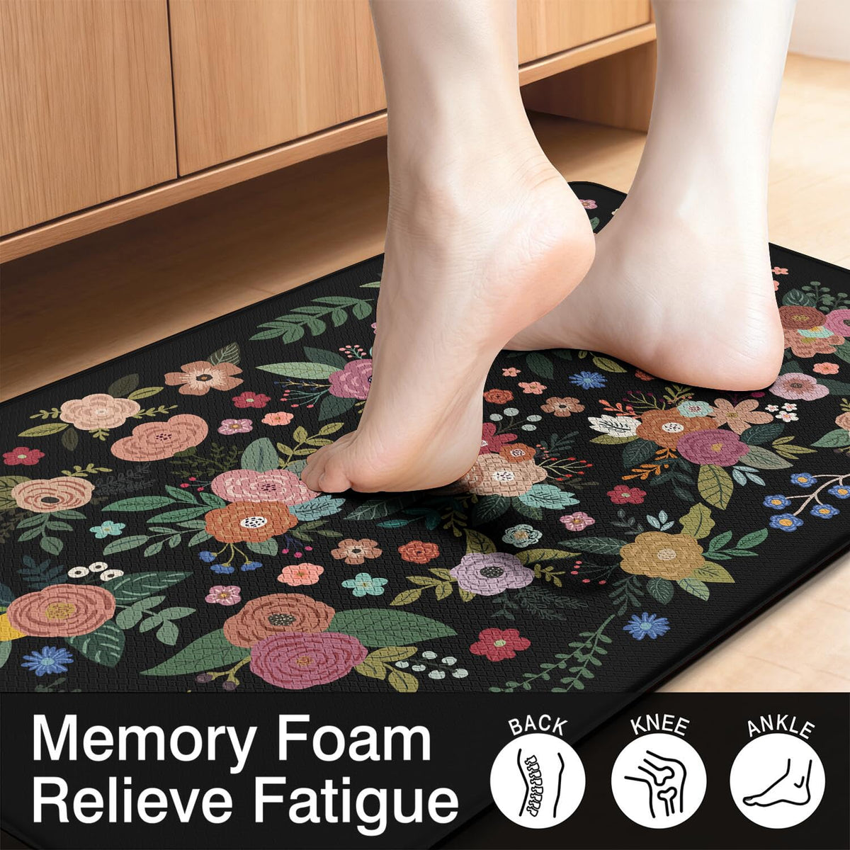 Anti Fatigue Boho Kitchen Rugs Set of 2 (Floral-black)