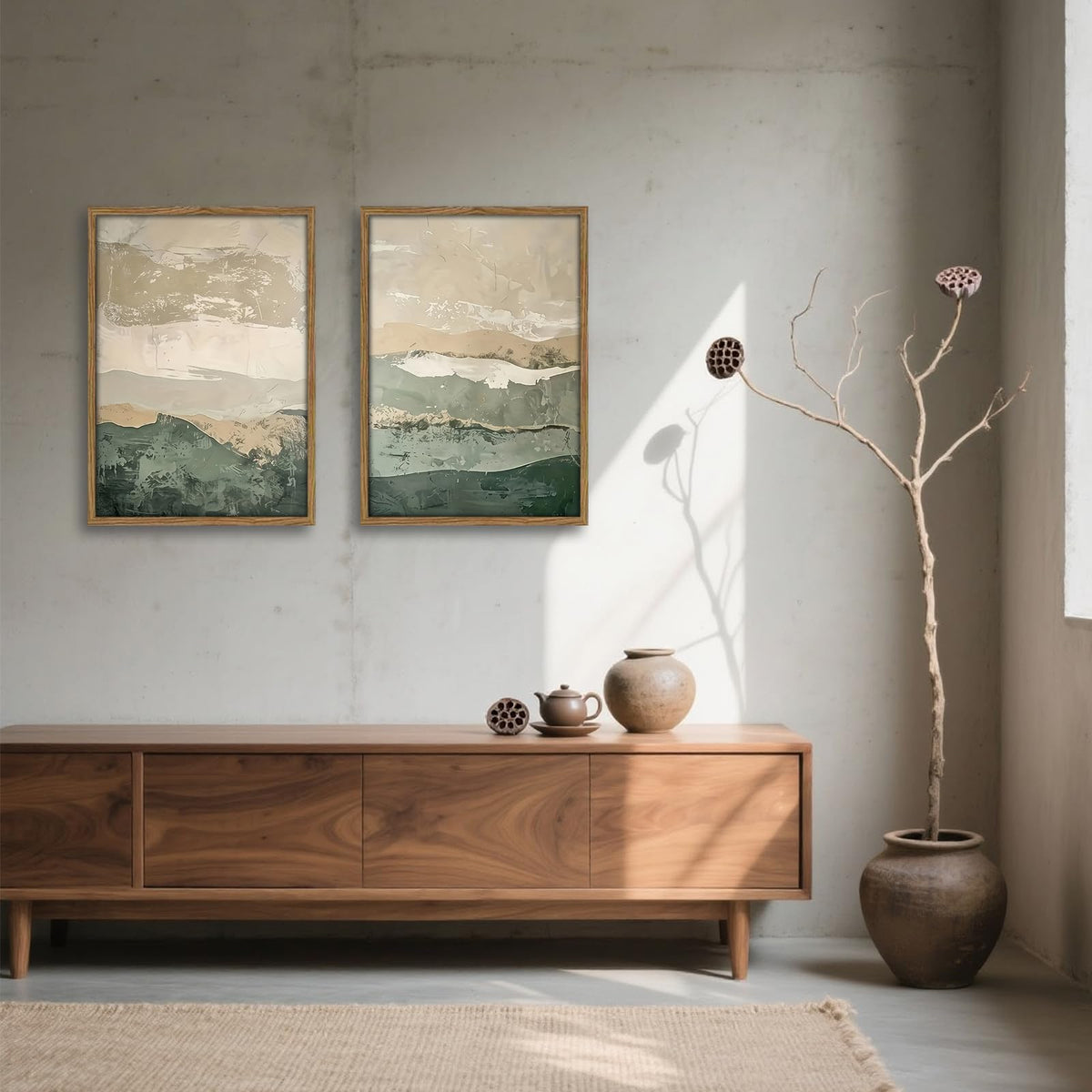 Green Abstract Landscape Wall Art Japanese Textured Mountain Canvas Print (Gray Green / 16x24 Inches)