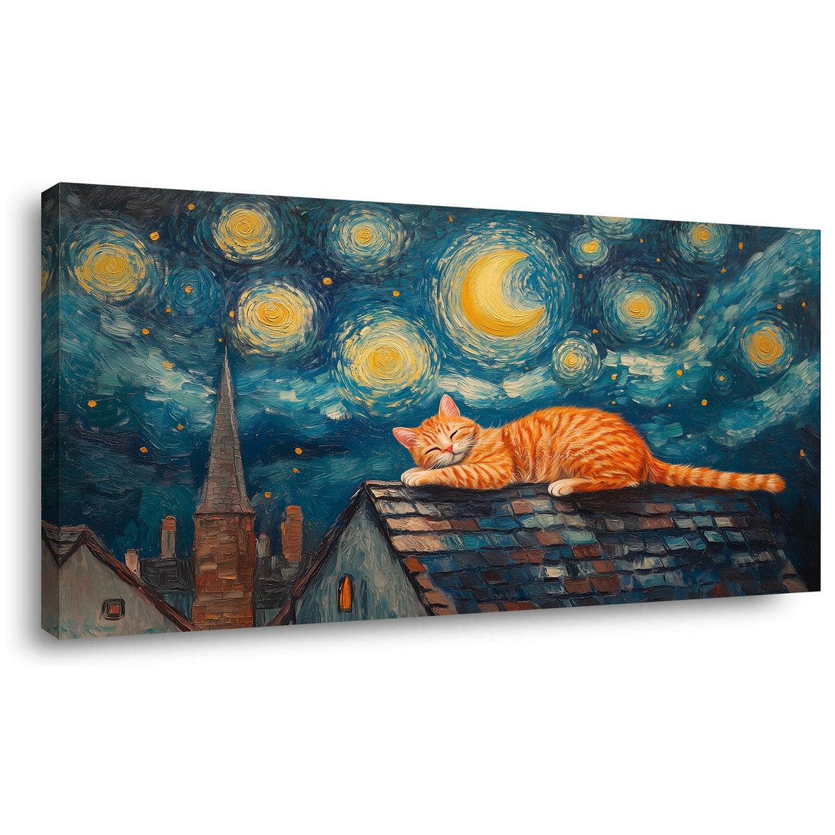 Navy Blue Starry Night Orange Cat Wall Art for Bedroom Canvas Painting Prints Abstract Sleep Dream Sky Picture Vintage Artwork Office Kids Room Decor (40L" x 20W" / Multi Colors Wall Art(k829))