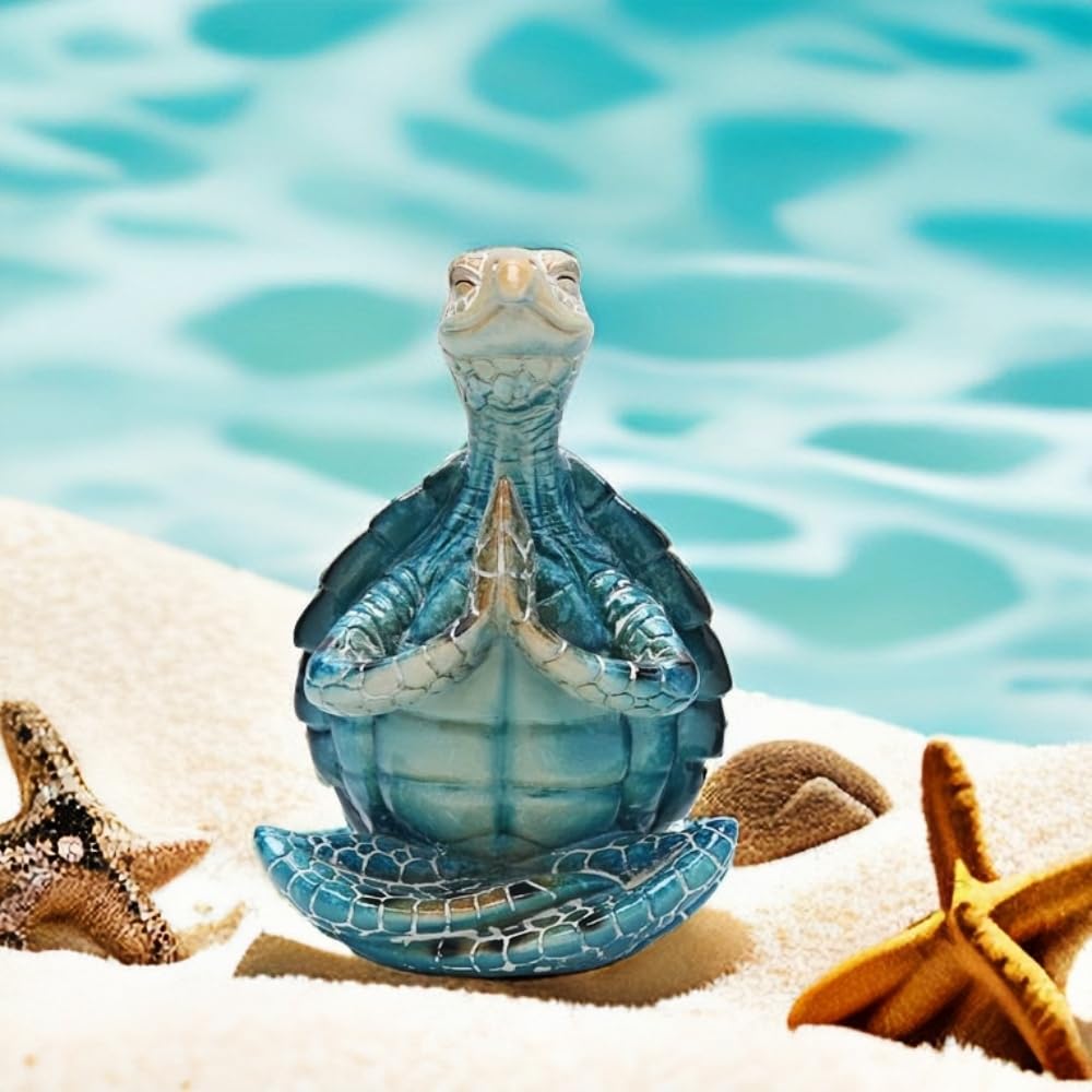 Sea Turtle Meditation Zen Yoga Coastal Beach Resin Statue for Decor (Put the Palm Together)