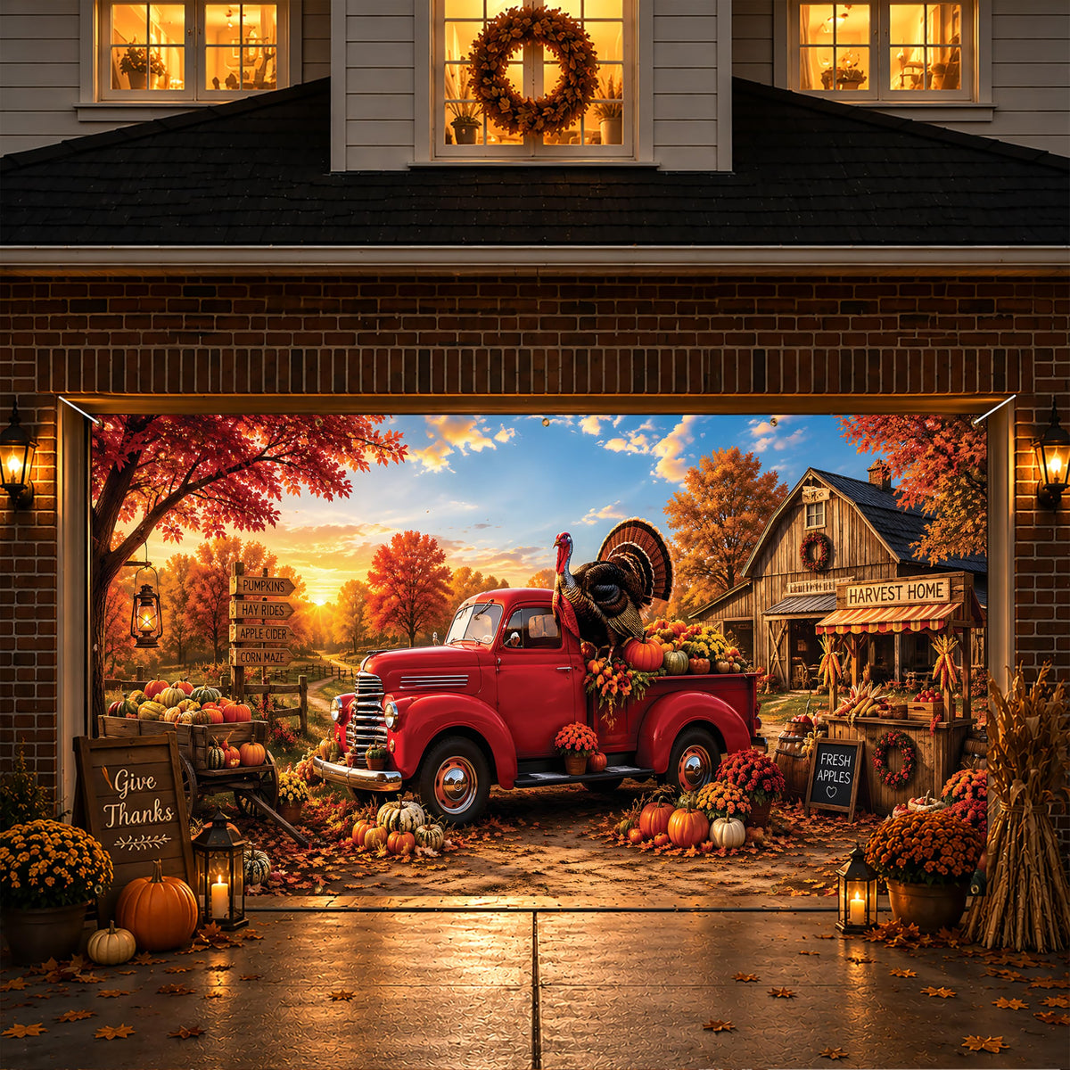 Thanksgiving Garage Door Banner Red Truck 6x13FT Fall Harvest Backdrop (A-Thanksgiving Turkey)