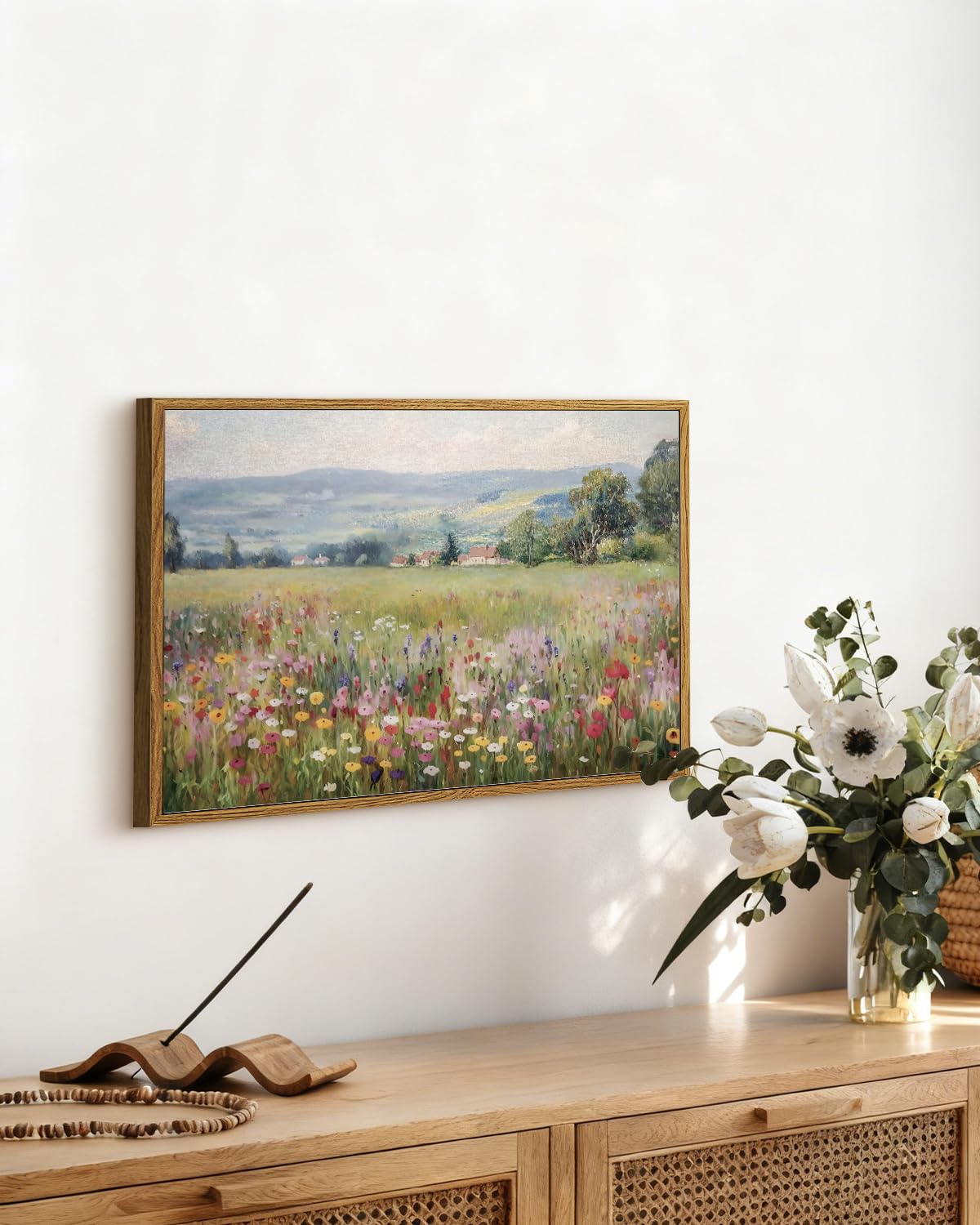 Vintage Floral Canvas Wall Art 12x16 Framed Countryside Landscape Wildflower Artwork (Starry / 16"L x 12"W)