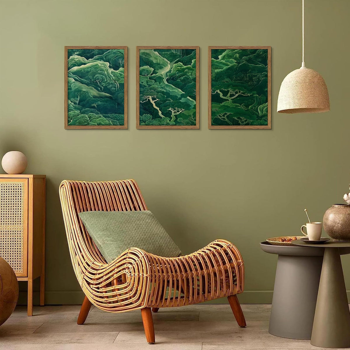 Japanese Nature Forest Wall Art Set of 3 (Green Book Mountain / 24"L x 16"W)