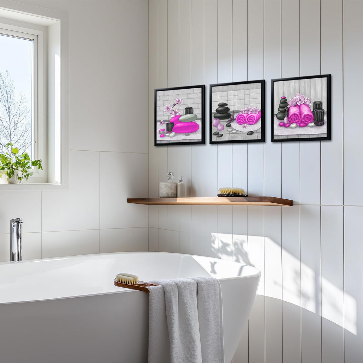 Zen Wall Art Decor Pink Bathroom Pictures Painting with Black Frames 12"x12" for Each (Hot Pink)
