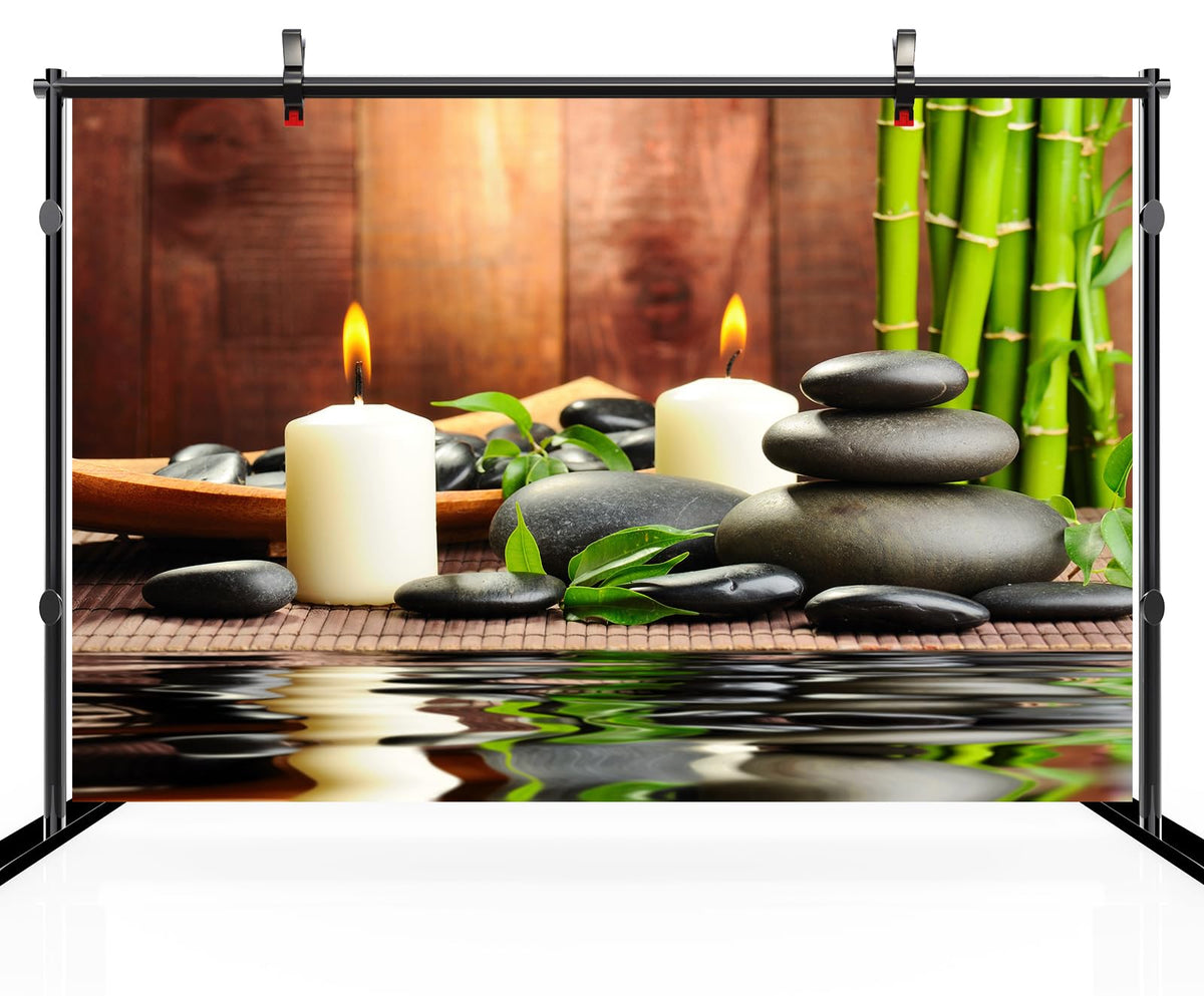 10x8ft Zen Garden Backdrop Bamboos Candles Basalt Stone Spa Water Zen Stone Relaxation Japanese Background Meditation Spa Birthday Wedding Party Decor Photo Booth Studio Props Wallpaper (10x8FT / B1-4807)