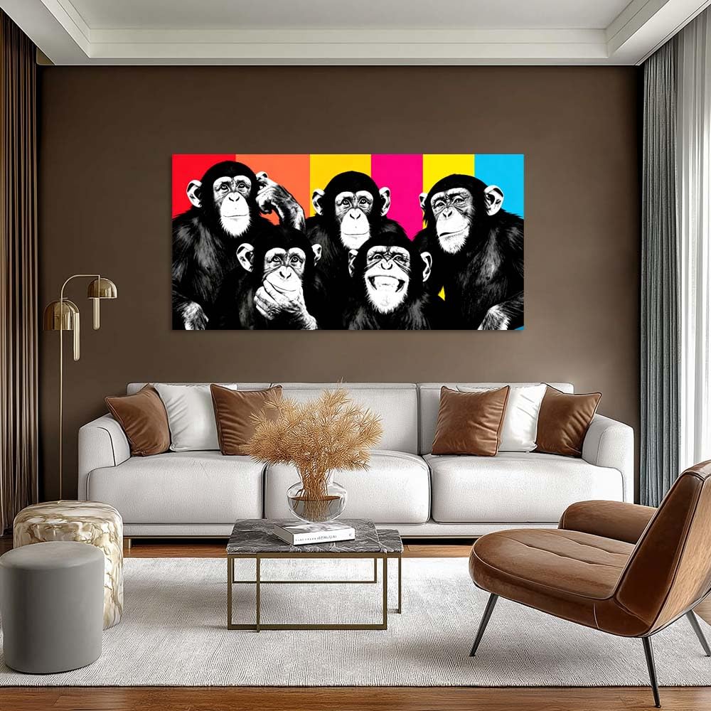 Colorful Pop Art Monkey Canvas Wall Art Funny Chimpanzee Animal Painting Print Gallery Wrapped Humorous Street Art Artwork for Living Room Bathroom Bedroom Decor (Wildlife / Black Monkeys 2 / 46"L x 23"W)