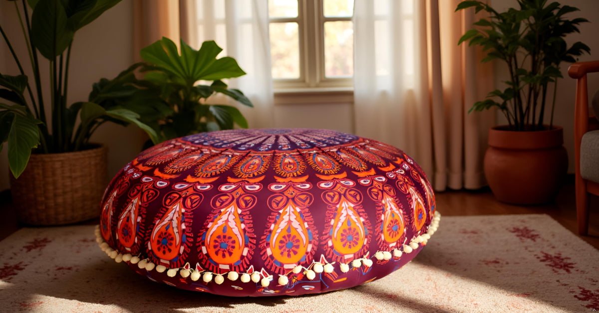 32 Inch Meditation Floor Pillows Cover Round Pillow Cover Seating Hippie Decorative Bohemian Mandala Floor Cushion Cover Outdoor Yoga Living Room Throw Ottoman Poufs Cover (Maroon Mirchi)