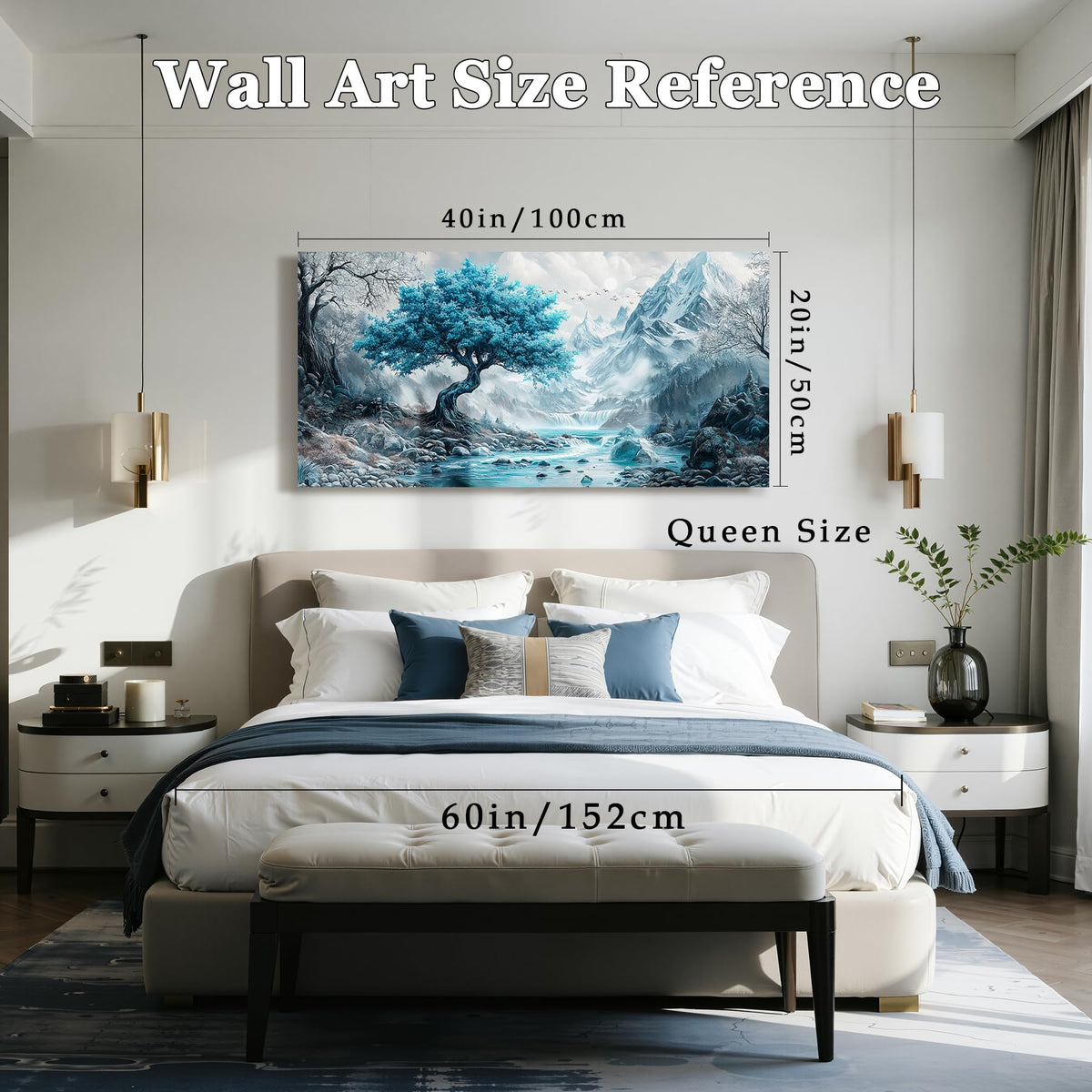 Tree of Life Large Wall Art Mountain Landscape Office Decor Blue (Teal Mountain Tree / 40"L x 20"W)