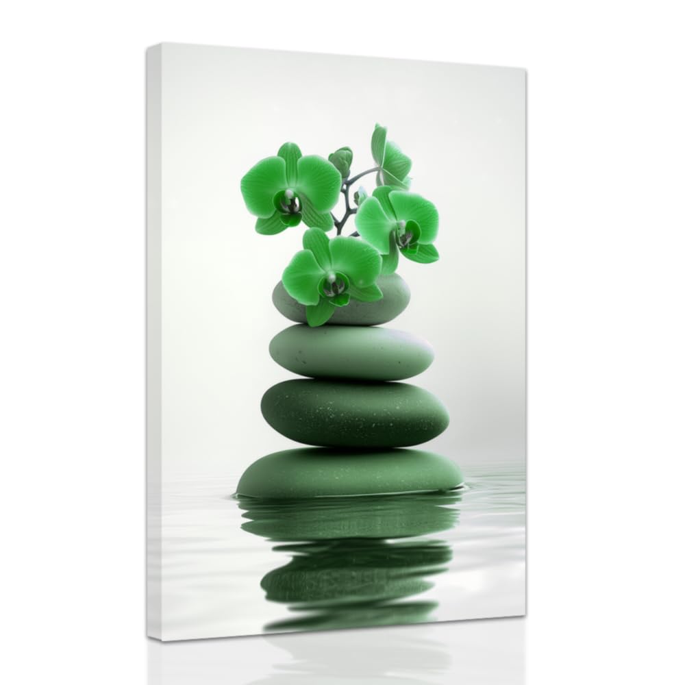 Zen Wall Art Stones Picture Orchid Canvas Painting Green Zen Water Prints Spa Bathroom Decor Meditation Yoga Room Office Home Framed (Green / 28" x 42")