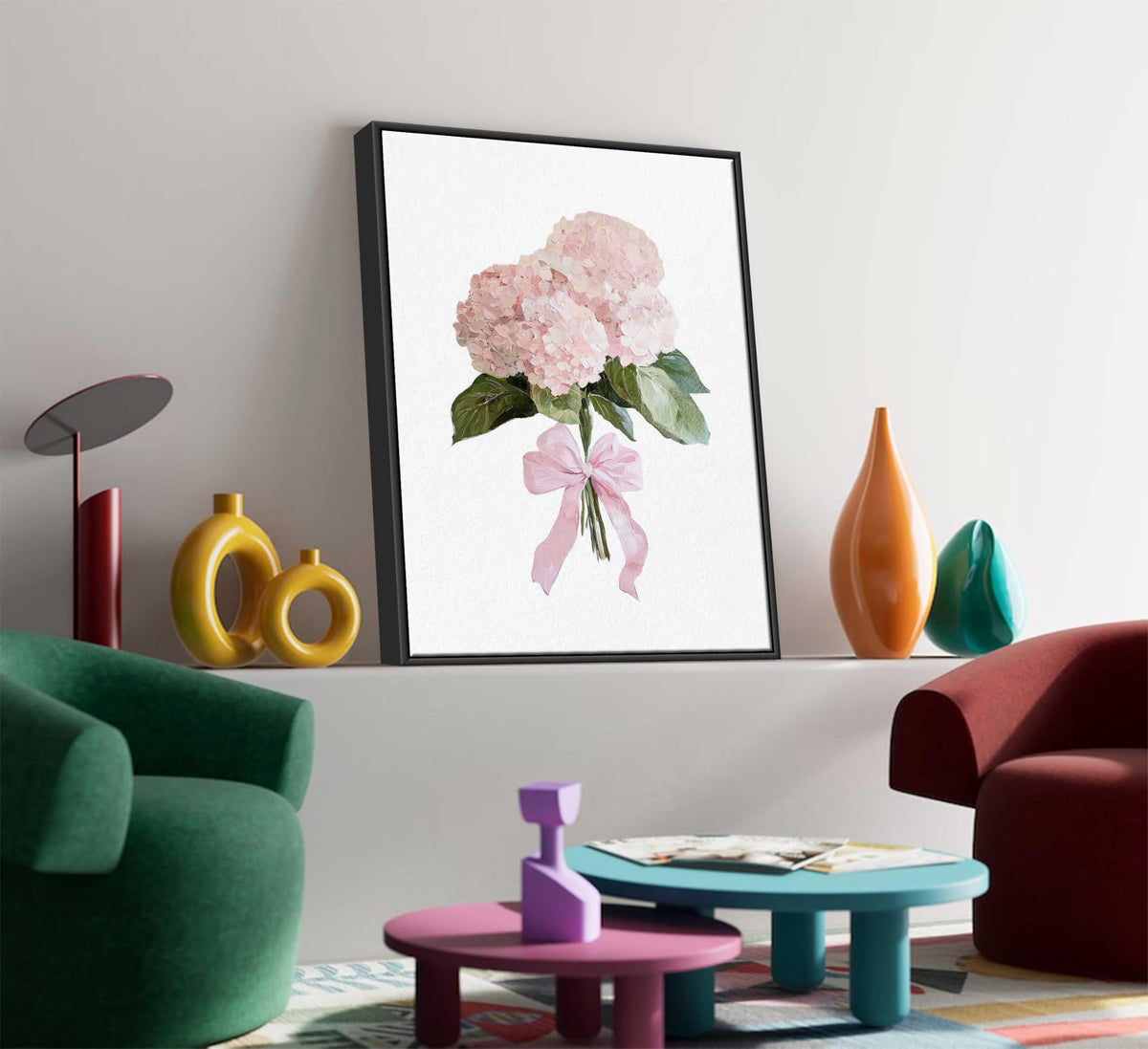 Framed Pink Hydrangea Floral Canvas Wall Art Coquette Pink Bow Hydrangea Flower Painting Picture Wall Decor Preppy Aesthetic Poster Print Artwork for Girls Bedroom Dorm Apartment Home Decoration (Framed Hydrangea / 16"L x 12"W)