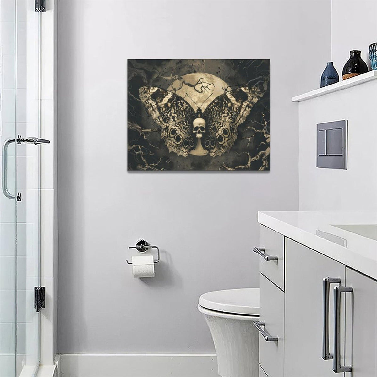 Gothic Skull Wall Art Spooky Skeleton Butterfly Pictures Decor Goth Moon Horror Canvas Painting Home Artwork Decorations for Halloween Bathroom Living Room Bedroom 16x12 inch (16"L x 12"W / Skull Butterfly)