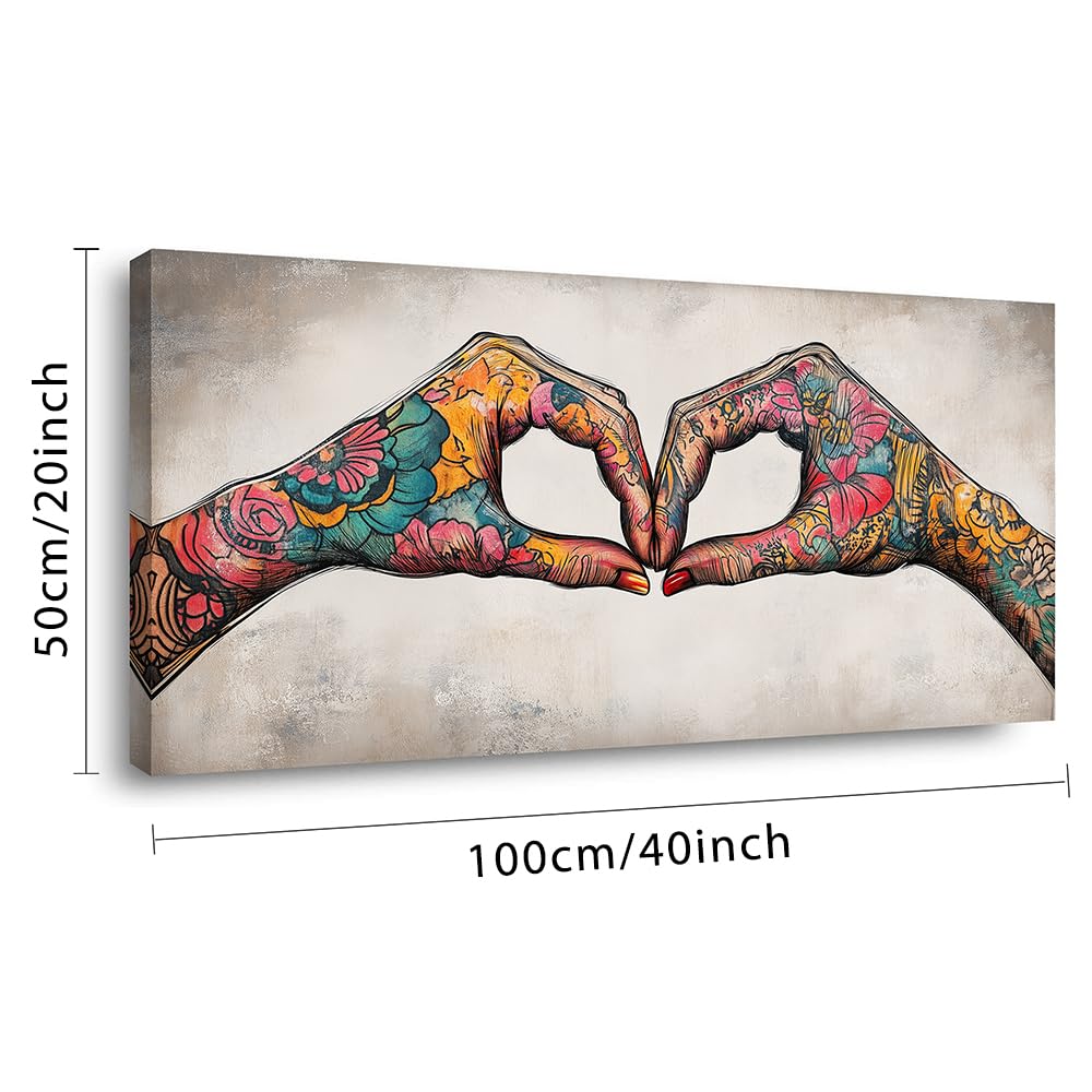 Colorful Two Tattooed Hands Heart Shape Wall Art for Living Room Office Romantic Gesture Contemporary Painting Prints Modern Canvas Artwork Dining Bedroom Decor (Contemporary / Colorful TwoTattooed Hands Wall Art / 40"L x 20"W)