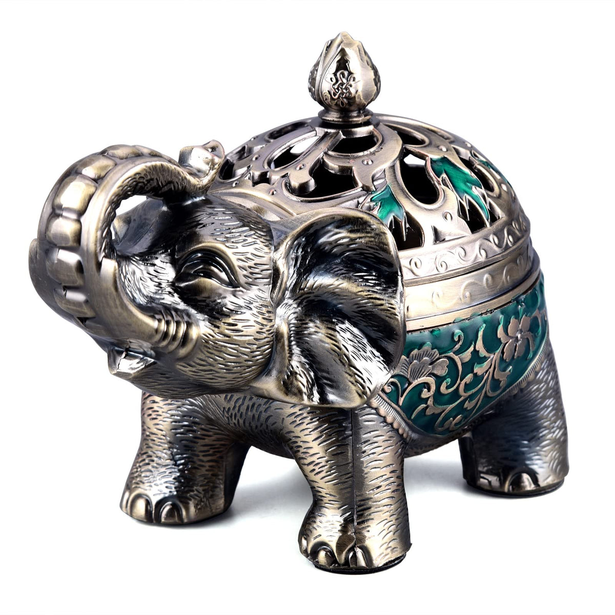 Metal Backflow Incense Holder Elephant Cone Incense Burner Candle Holder with Lid (Green)
