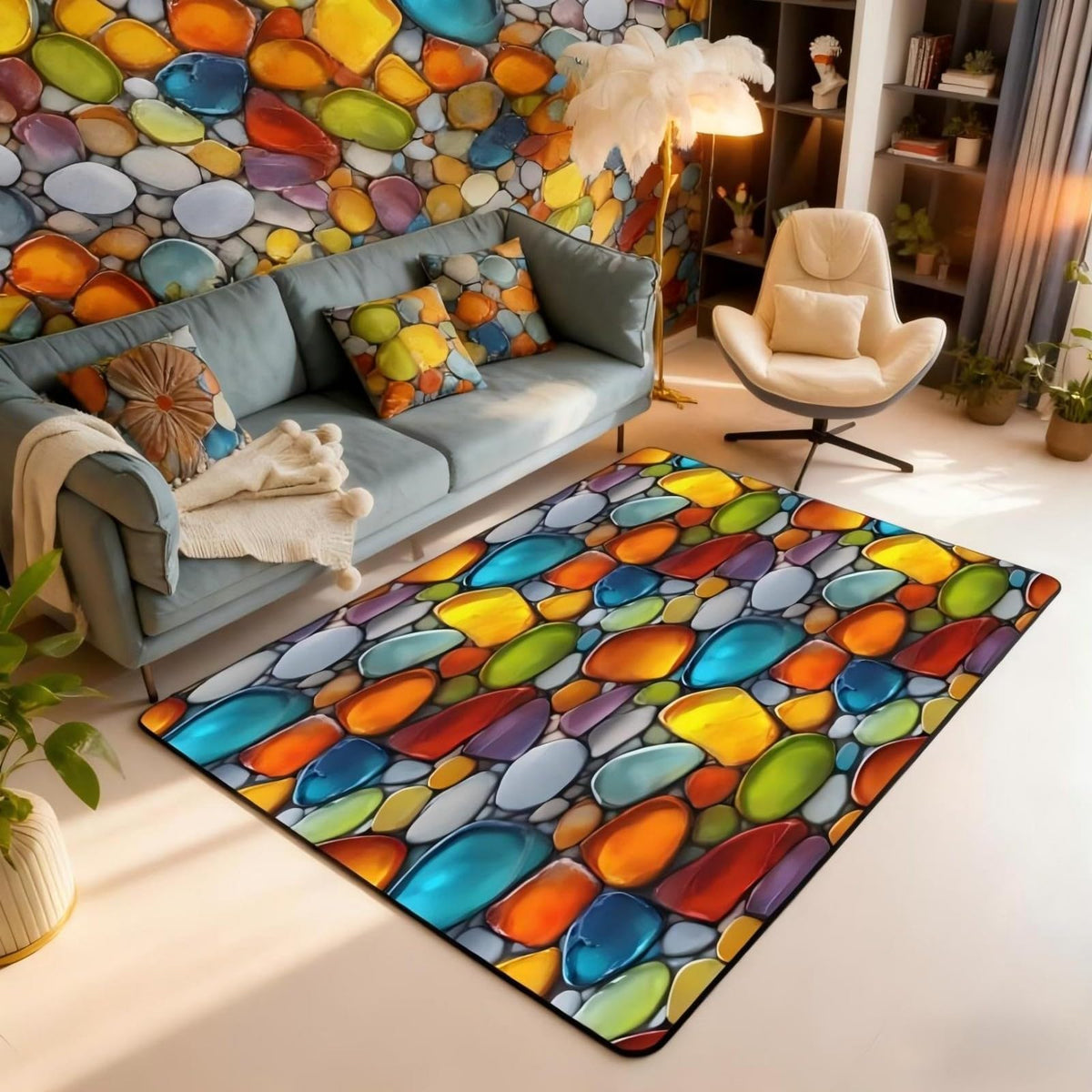Cobblestone Area Rug 5x7 Rainbow Pebble Garden (Red Orange Yellow Green Blue / 4'11" x 6'6" (Rectangular))