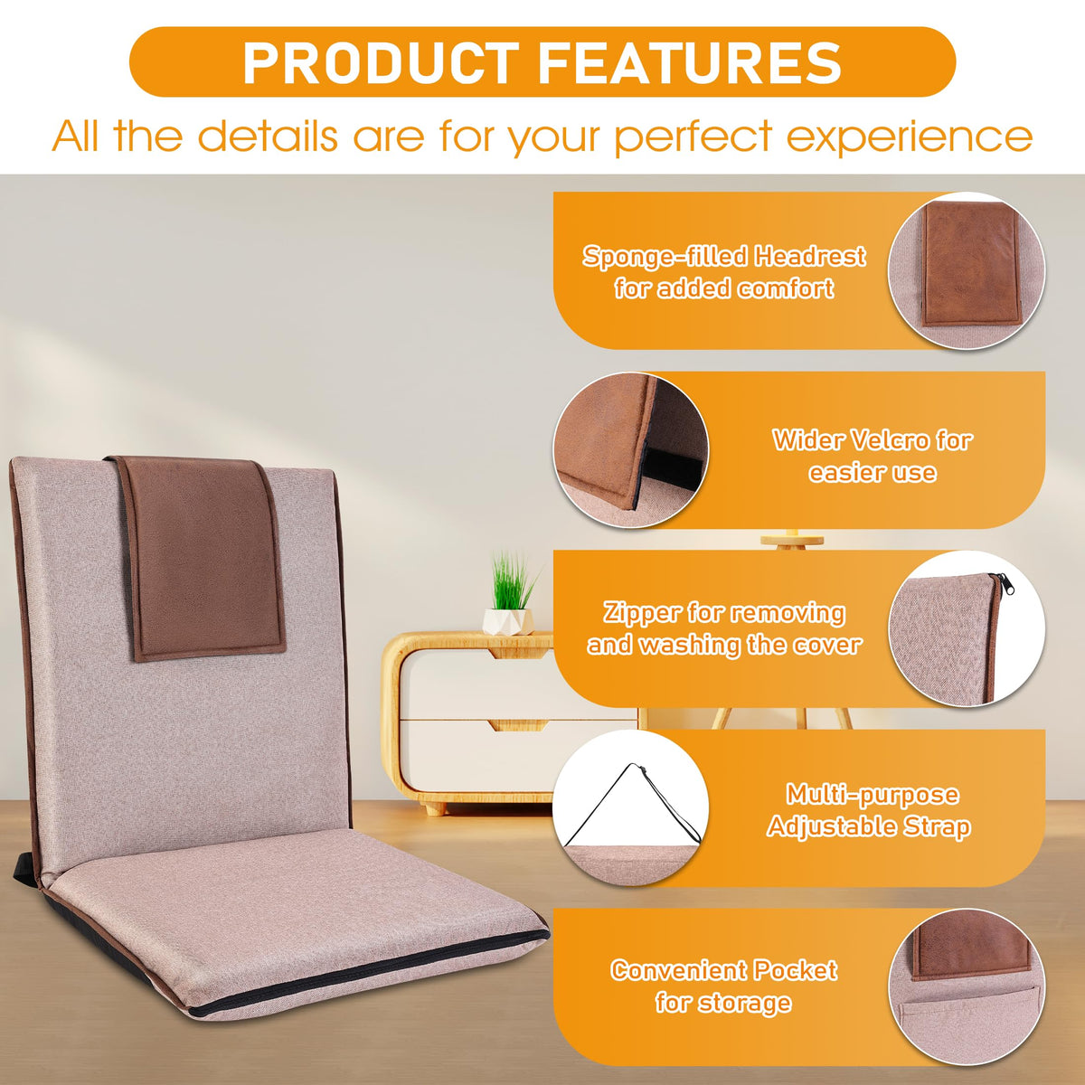 Floor Chair with Back Support Foldable Meditation Seat (Coffee & Brown)